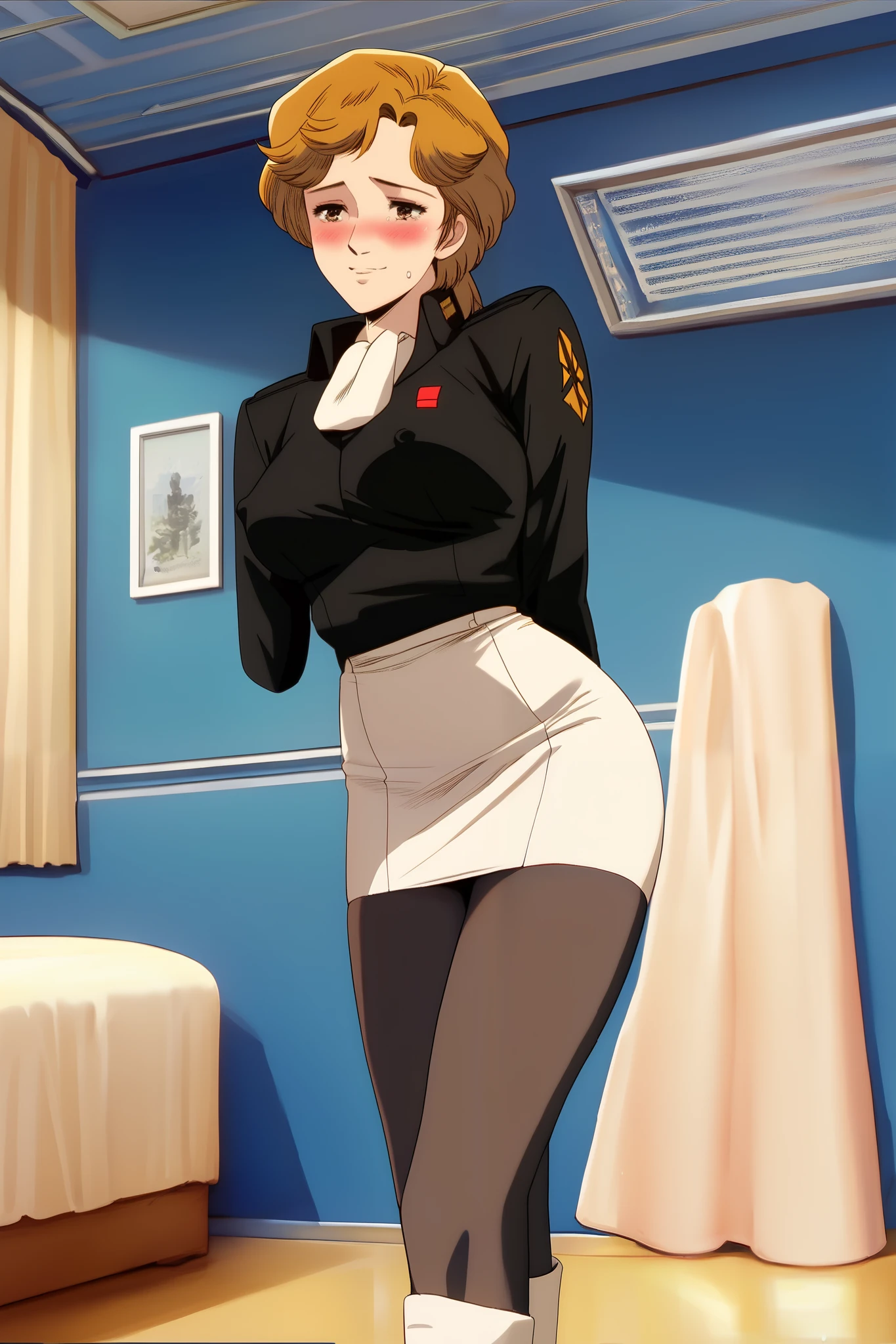 frederica,1 female,solo,smile,
large breast,
Black jacket,military uniform,tight skirt,white panty,lace up boots,thigh-high boots,high heels,
standing,cowboy_shot,front view,
blush,ecstasy,orgasm,climax,feeling sexual pleasure,dependence,glad,
I love you,nipple,Incontinence,
sweat,tearful eyes,intense breathing,
beautiful legs,thin thighs,thin calves,
nallow waist,butt close-up,pretty, perfect face,beautiful skin,anatomically correct,
highest quality,masterpiece,high definition,ultra-detailed,anime,
indoors,on bed,bed room