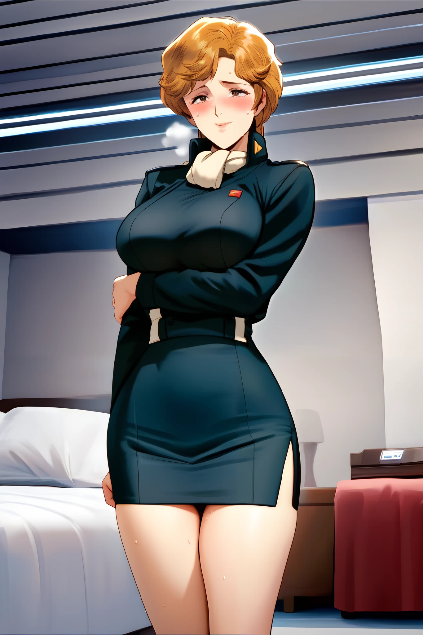 frederica,1 female,solo,smile,
large breast,
Black jacket,military uniform,tight skirt,white panty,lace up boots,thigh-high boots,high heels,
standing,cowboy_shot,front view,
blush,ecstasy,orgasm,climax,feeling sexual pleasure,dependence,glad,
I love you,nipple,Incontinence,
sweat,tearful eyes,intense breathing,
beautiful legs,thin thighs,thin calves,
nallow waist,butt close-up,pretty, perfect face,beautiful skin,anatomically correct,
highest quality,masterpiece,high definition,ultra-detailed,anime,
indoors,on bed,bed room