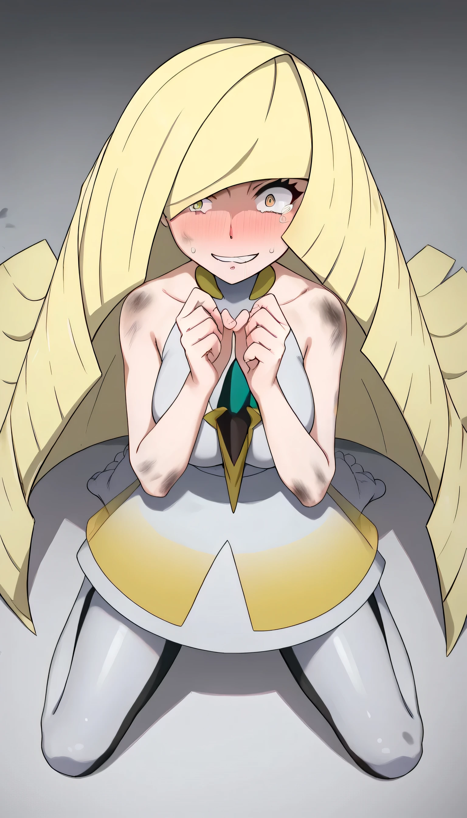  work of art,  top quality, Lusamine - Pokemon ,  long yellow hair,  short dress in white ,  long white stockings ,  sarcastic smile ,  Big breasts , nervous look,  full body, kneeling,  bare feet, vista,  bare feet, bare feet,  legs apart, Sole of the foot,  scared ,  begging, Supplicating hands,  scared , Dirty y sudada, exhausted, Dirty,  seen from above 