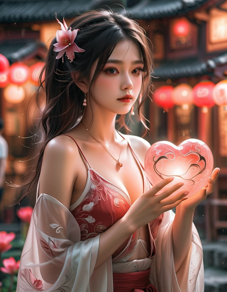 32k, Masterpiece, Highest quality, One girl, Detailed eyes, flower,Sandersonia, Pink and brown style,A dreamy, romantic piece,Pale pink, Mysterious Leaves,A playful arrangement,Fantasy,High Contrast,Ink strokes,explosion,Exposure, Impression of pink and brown tones,Abstract,((Watercolours by John Berkey and Jeremy Mann )) Brush strokes,Negative Space, Tyndall effect,