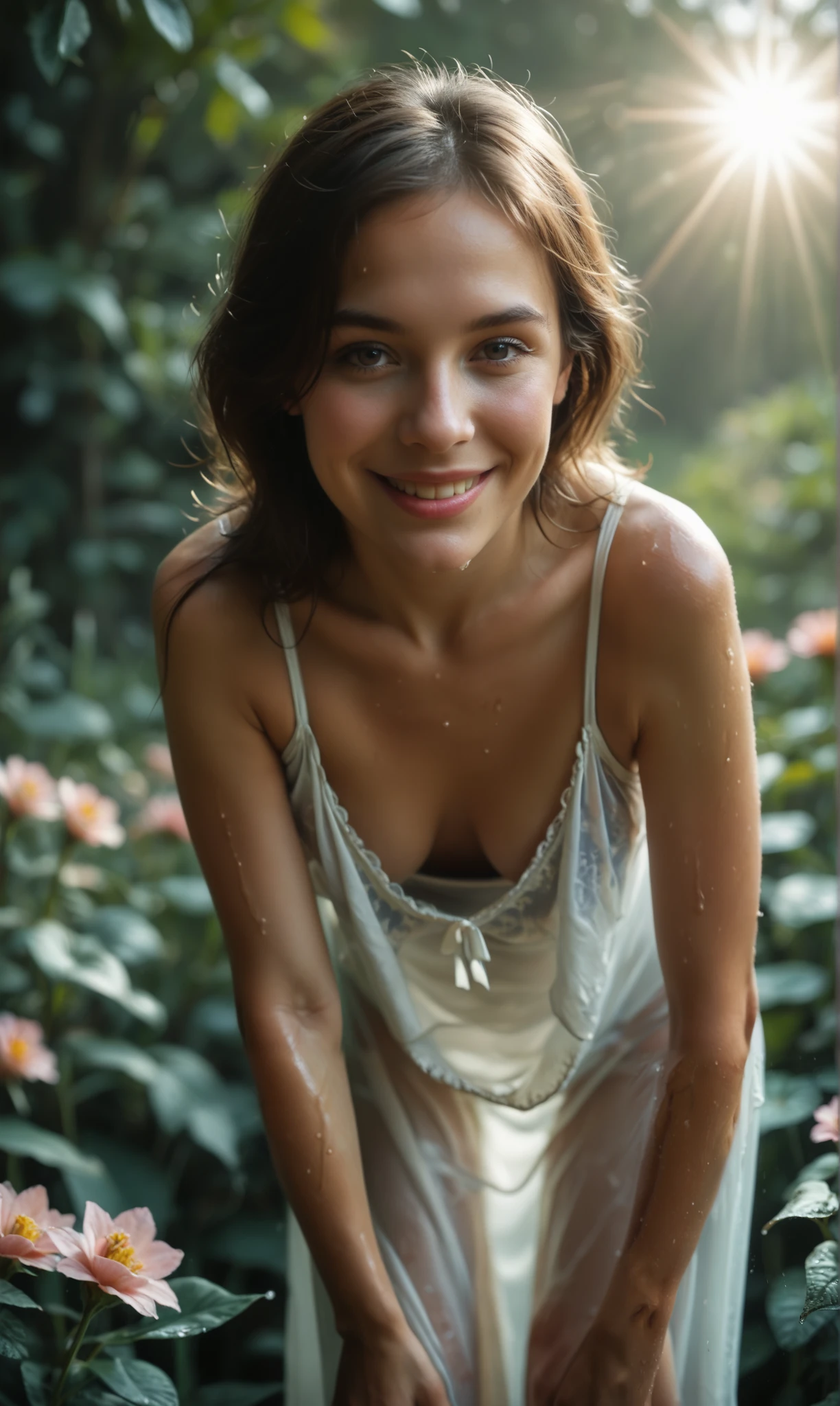 score_9, score_8_ upwards, score_7_ upwards, score_6_ upwards, Photo, realism, Photorealistic, summit, curved milf, ( curved) body, small bare breasts , the chest is fully visible, small waist, athletic hips, wet nightgown , with bare shoulders, cleavage , posing, ( standing, leaning forward :1.4), (downblouse), Among flowers , smile, looks at the viewer , sunlight , color field , depth of field, smile