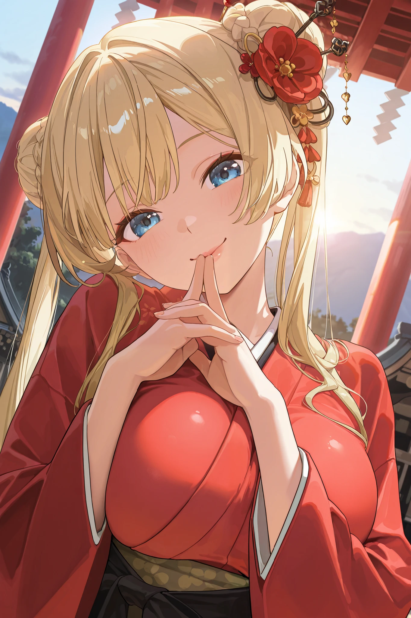 Masterpiece, highest quality, Great Quality, very aesthetic, high resolution, super detailed, is ridiculous, latest, scenery, new year shrine visit, CINEMATIC LIGHT , 1 girl, cute, Alone, blonde, long hair, braided bun, red flower hair stick, blue eye, staring at viewers, 片eyeを閉じた, big smile, mouth, medium boobs, traditional red kimono , Dutch angle , upper body, Twisted Pose , head tilt, own hand together, hand to the side, depth of field, shrine, Sunrise, backlight, sunlight filtering through the trees, fine fabric emphasis, rimlight, focus on face , break, very detailed clothes , eye, hand, refer to, lips, detailed eye, shiny skin, detailed skin, detail hair to lick your ass , Masterpiece, highest quality, Great Quality, very aesthetic, high resolution, super detailed, is ridiculous, latest, scenery, Stereo lighting ,refer toは5本, twin tails
