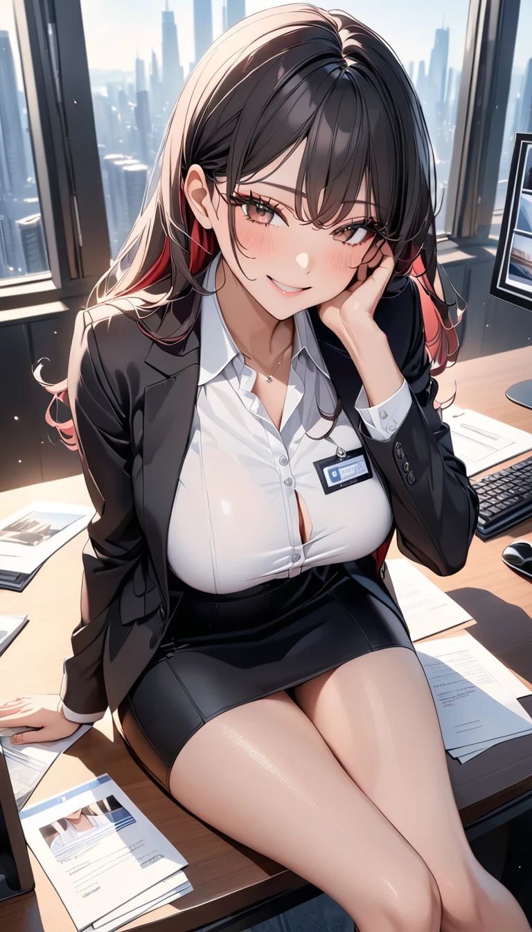 wet hair,A 28-year-old Japanese woman wearing a professional suit in an office, with torn tights, taking off her white shirt to reveal a red bra, high-quality, high-resolution, realistic style, clear skin, dark hair, confident and slightly provocative expression.