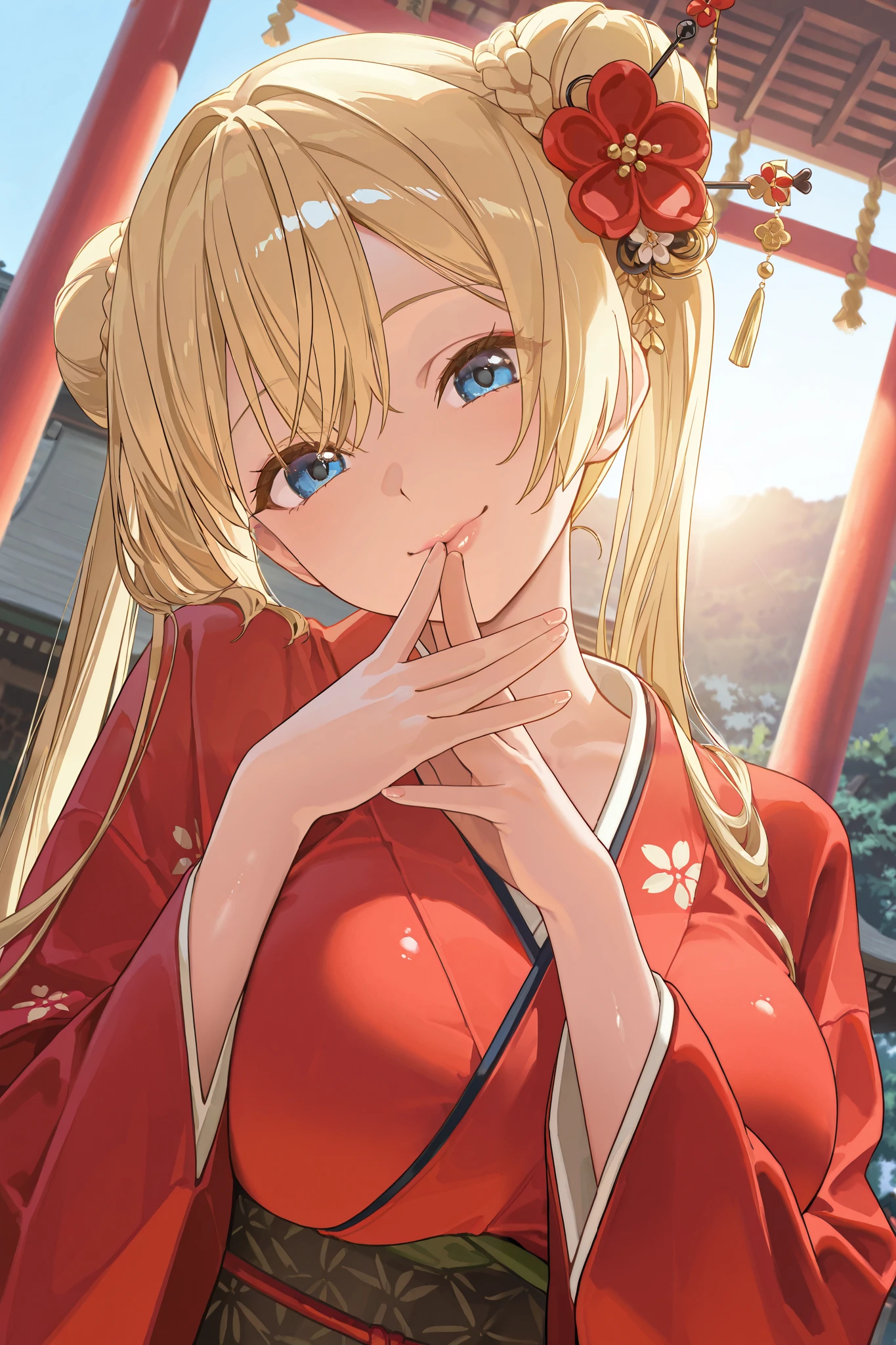 Masterpiece, highest quality, Great Quality, very aesthetic, high resolution, super detailed, is ridiculous, latest, scenery, new year shrine visit, CINEMATIC LIGHT , 1 girl, cute, Alone, blonde, long hair, braided bun, red flower hair stick, blue eye, staring at viewers, 片eyeを閉じた, big smile, mouth, medium boobs, traditional red kimono , Dutch angle , upper body, Twisted Pose , head tilt, own hand together, hand to the side, depth of field, shrine, Sunrise, backlight, sunlight filtering through the trees, fine fabric emphasis, rimlight, focus on face , break, very detailed clothes , eye, hand, refer to, lips, detailed eye, shiny skin, detailed skin, detail hair to lick your ass , Masterpiece, highest quality, Great Quality, very aesthetic, high resolution, super detailed, is ridiculous, latest, scenery, Stereo lighting ,refer toは5本, twin tails