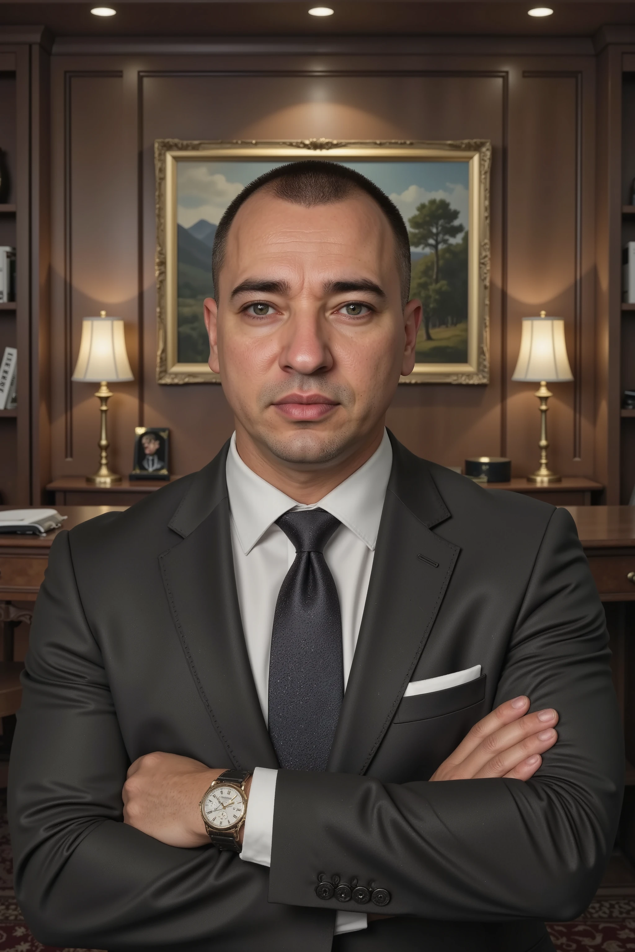 A mature man with a deep eye, He demonstrates power in his millionaire office