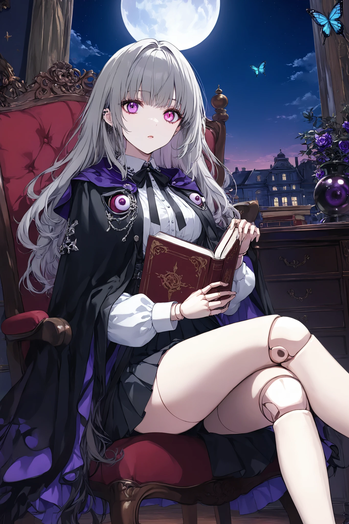 ultra-detailed, huge filesize, artbook, night, moon, adorable girl, grey hair , purple eyes, crazy eyes, medium breasts, shirt, loafers, holding book, dark persona, eyeball, heterochromia , long hair, pleated skirt, cape, Robe, ta fashion, indoor, crossed legs, chair, sky, stars, butterfly, doll, masterpiece, illustration, wallpaper, realistic, photo, real,((Doll finger joints)),((((Doll Joints ))))