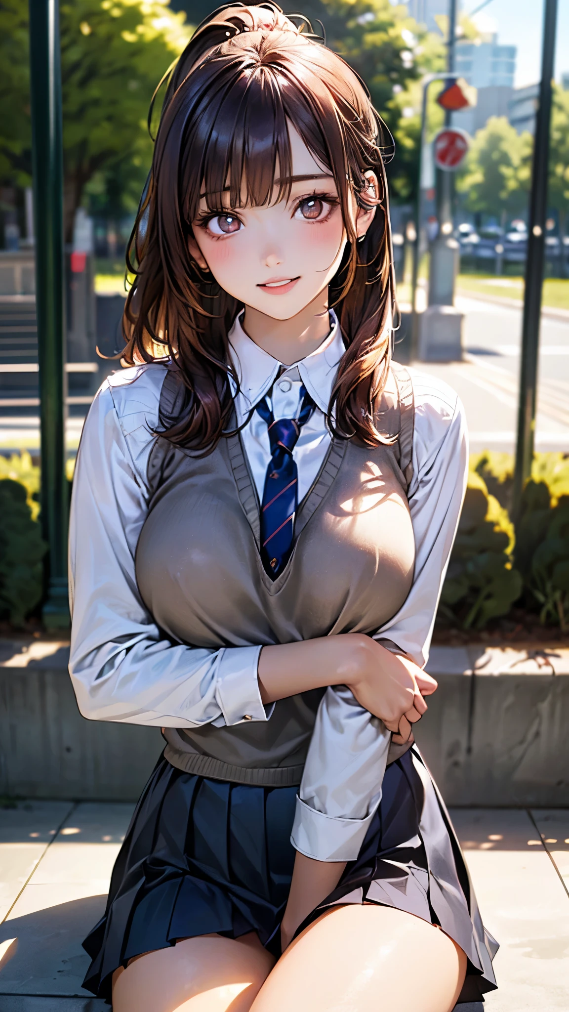 honoka dead or alive , steam , rain , plaid skirt , pleated skirt , Tight shirt , white Shirt , school girl , (masterpiece, best quality, hires, high resolution:1.2, 4k, 8k , high quality), extremely detailed, realistic, intricate details, highres , (large breasts, thick thighs, wide hips), arched back,(cinematic lighting, sunlight, perfect lighting, backlighting), eye-level shot, extreme close-up-shot, looking at viewer , best quality , red bow , red knot , (masterpiece, best quality:1.2), solo, 1girl, honoka, smile, looking at viewer, hand on hip, one side up, skull hair ornament, ,purple jacket , necktie, single glove, black gloves , white thighhighs