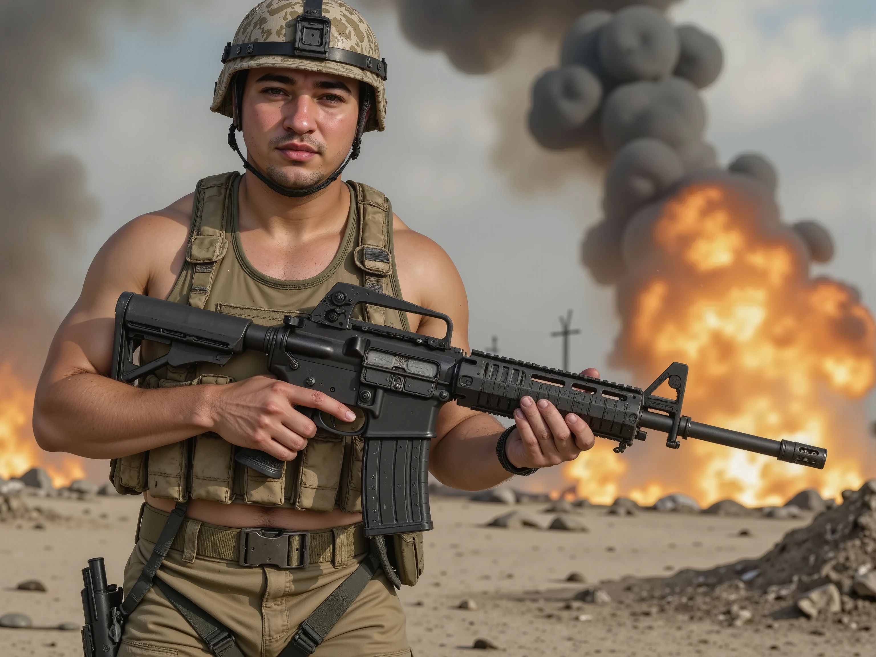 A soldier in the middle of a battlefield , holding firmly a modern rifle in his hands , surrounded by intense explosions and debris , with smoke and flames in the background . The soldier wears a full military uniform , including tactical vest , helmet and typical combat accessories , covered with dust and signs of wear and tear . The expression on the face reflects determination and focus. realistic style , with precise details in the texture of the clothing , on the weapon and the war environment , intense colors that capture the drama of the scene , dynamic lighting caused by the explosions , kinematic perspective .
