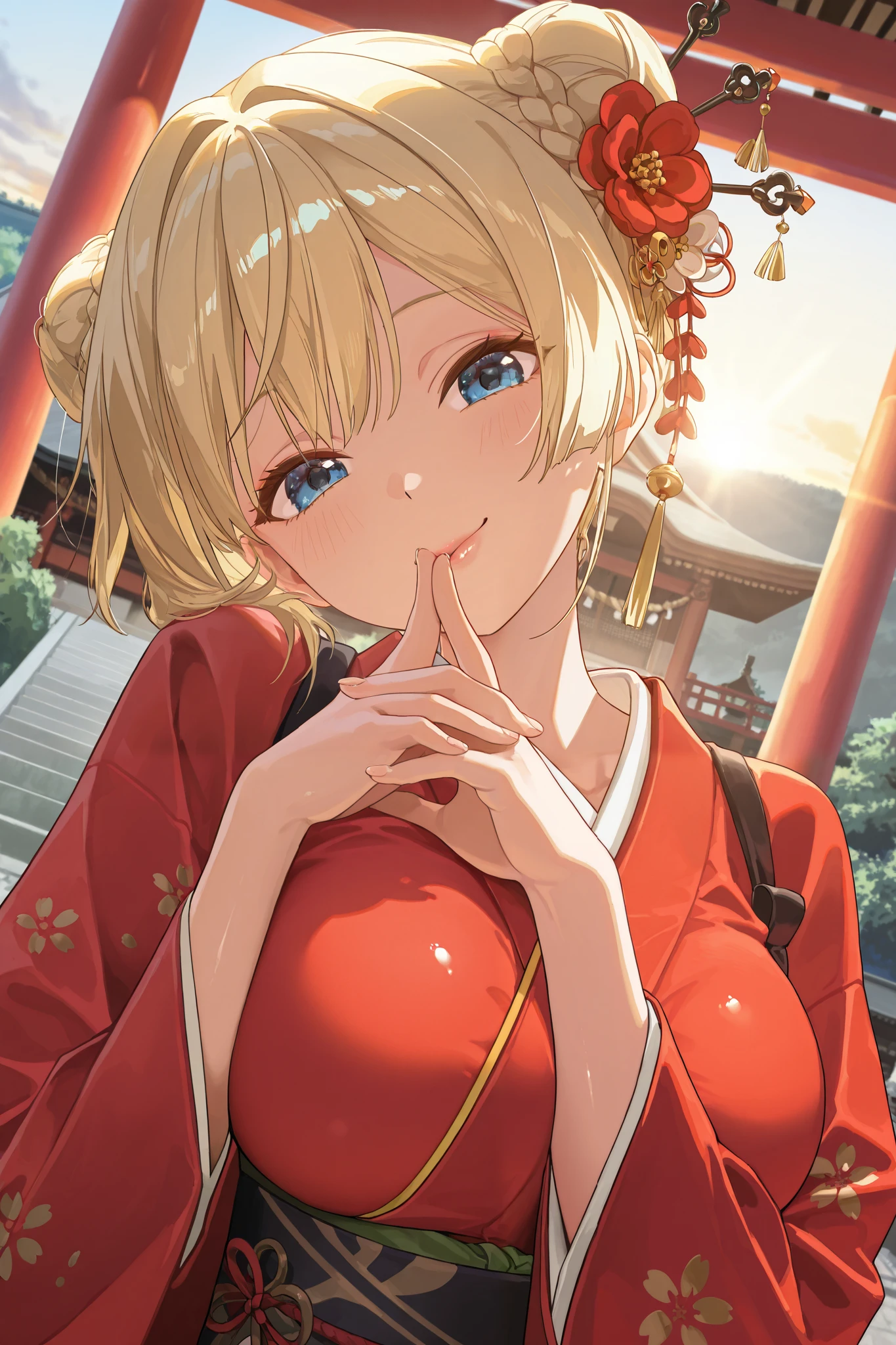 Masterpiece, highest quality, Great Quality, very aesthetic, high resolution, super detailed, is ridiculous, latest, scenery, new year shrine visit, CINEMATIC LIGHT , 1 girl, cute, Alone, blonde, short hair, braided bun, red flower hair stick, blue eye, staring at viewers, 片eyeを閉じた, big smile, mouth, medium boobs, traditional red kimono , Dutch angle , upper body, Twisted Pose , head tilt, own hand together, hand to the side, depth of field, shrine, Sunrise, backlight, sunlight filtering through the trees, fine fabric emphasis, rimlight, focus on face , break, very detailed clothes , eye, hand, refer to, lips, detailed eye, shiny skin, detailed skin, detail hair to lick your ass , Masterpiece, highest quality, Great Quality, very aesthetic, high resolution, super detailed, is ridiculous, latest, scenery, Stereo lighting ,refer toは5本