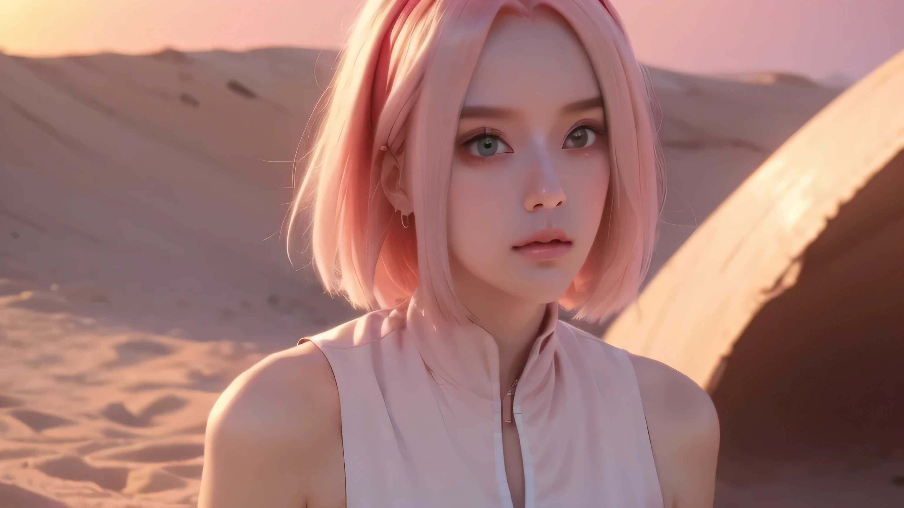 "Generate a 4K ultra-realistic anime-style wallpaper, Sakura from Naruto anime standing alone in a vast desert landscape during a vibrant red sunset. She should be sexy , and looking in sky and her eyes colour is orange looking beautiful with a gentle breeze blowing through her hair. Incorporate realistic textures, lighting effects, and atmospheric conditions to give the image a lifelike and immersive look, Sakura Wearing his anime dress big boobs as if Makima has stepped out of the anime and into the real world."