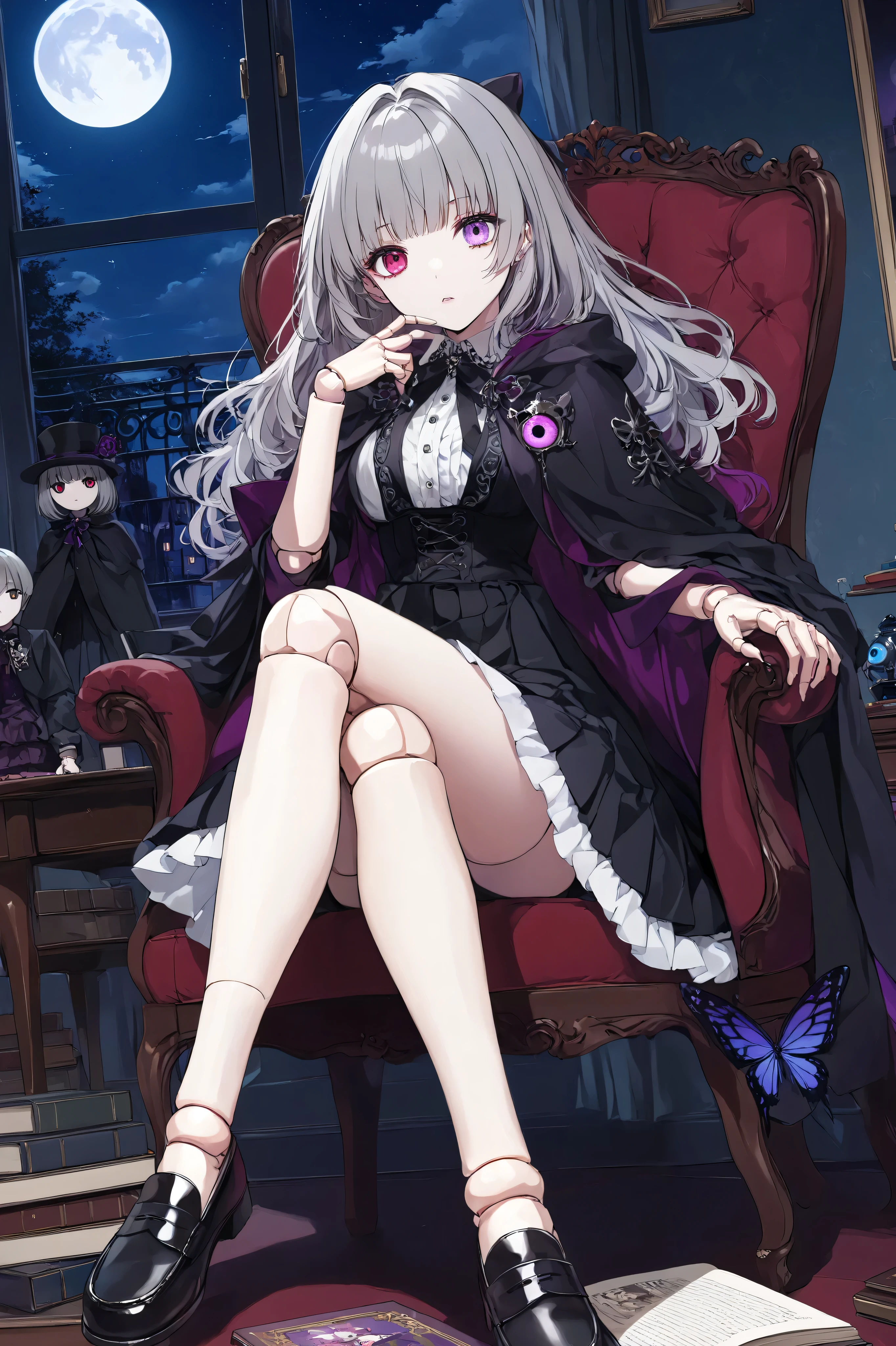 ultra-detailed, huge filesize, artbook, night, moon, adorable girl, grey hair , purple eyes, crazy eyes, medium breasts, shirt, loafers, holding book, dark persona, eyeball, heterochromia , long hair, pleated skirt, cape, Robe, lolita fashion, indoor, crossed legs, chair, sky, stars, butterfly, doll, masterpiece, illustration, wallpaper, realistic, photo, real,((Doll finger joints)),((((Doll Joints ))))