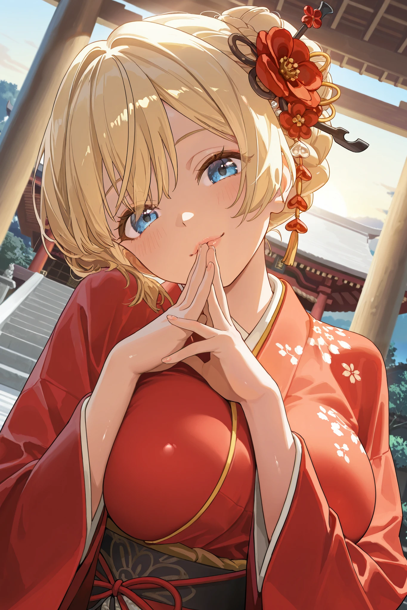 Masterpiece, highest quality, Great Quality, very aesthetic, high resolution, super detailed, is ridiculous, latest, scenery, new year shrine visit, CINEMATIC LIGHT , 1 girl, cute, Alone, blonde, short hair, braided bun, red flower hair stick, blue eye, staring at viewers, 片eyeを閉じた, big smile, mouth, medium boobs, traditional red kimono , Dutch angle , upper body, Twisted Pose , head tilt, own hand together, hand to the side, depth of field, shrine, Sunrise, backlight, sunlight filtering through the trees, fine fabric emphasis, rimlight, focus on face , break, very detailed clothes , eye, hand, refer to, lips, detailed eye, shiny skin, detailed skin, detail hair to lick your ass , Masterpiece, highest quality, Great Quality, very aesthetic, high resolution, super detailed, is ridiculous, latest, scenery, Stereo lighting ,refer toは5本