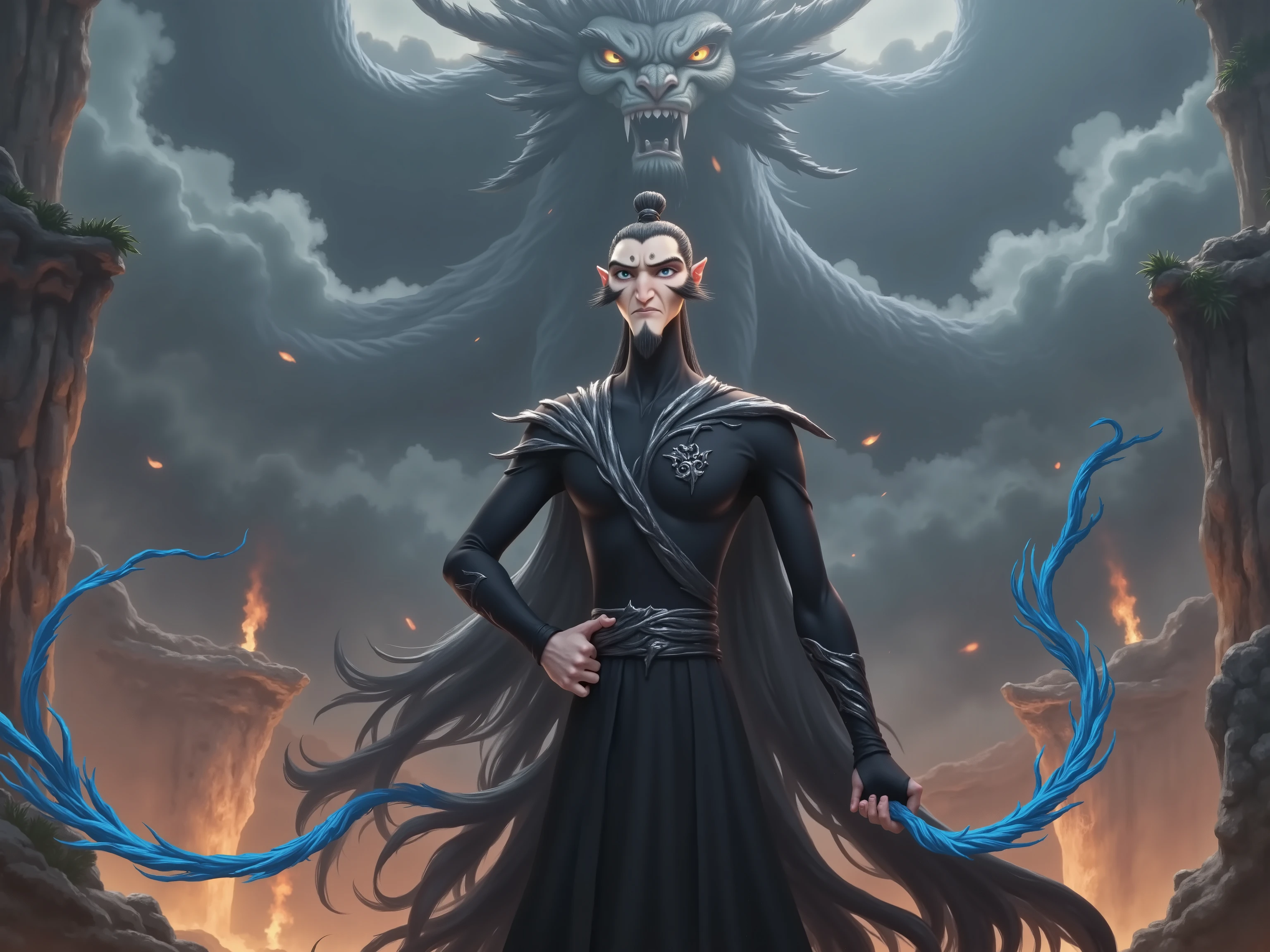 ( masterpiece, top quality:1.2), Game anime characters, alone,beard, Black Robe ,slim。Holding a blue whip in his hand。Kung Fu Action ,flame,cliff,Ominous clouds,dragon,Grand scene,Large game scene