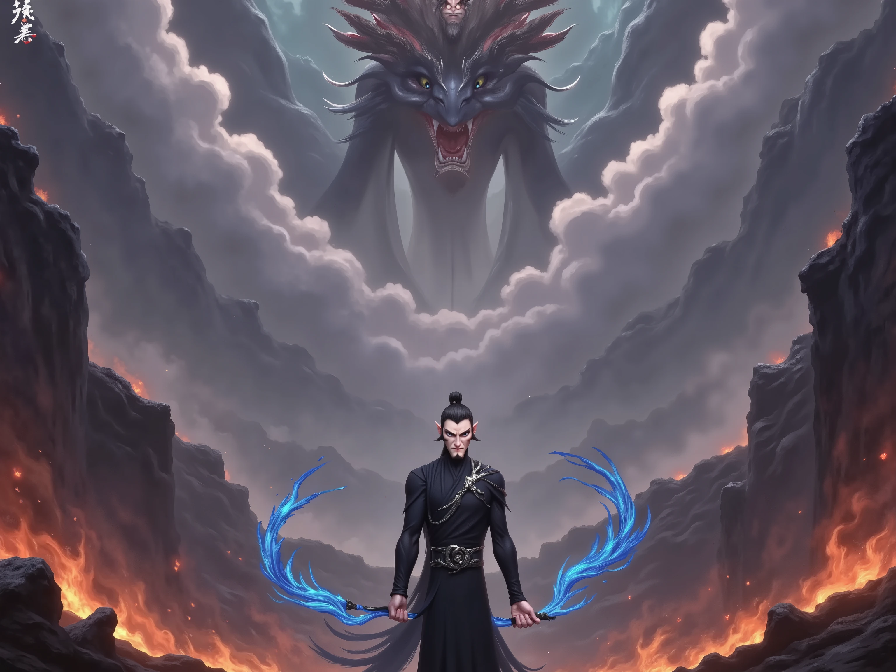 ( masterpiece, top quality:1.2), Game anime characters, alone,beard, Black Robe ,slim。Holding a blue whip in his hand。Kung Fu Action ,flame,cliff,Ominous clouds,dragon,Grand scene,Large game scene