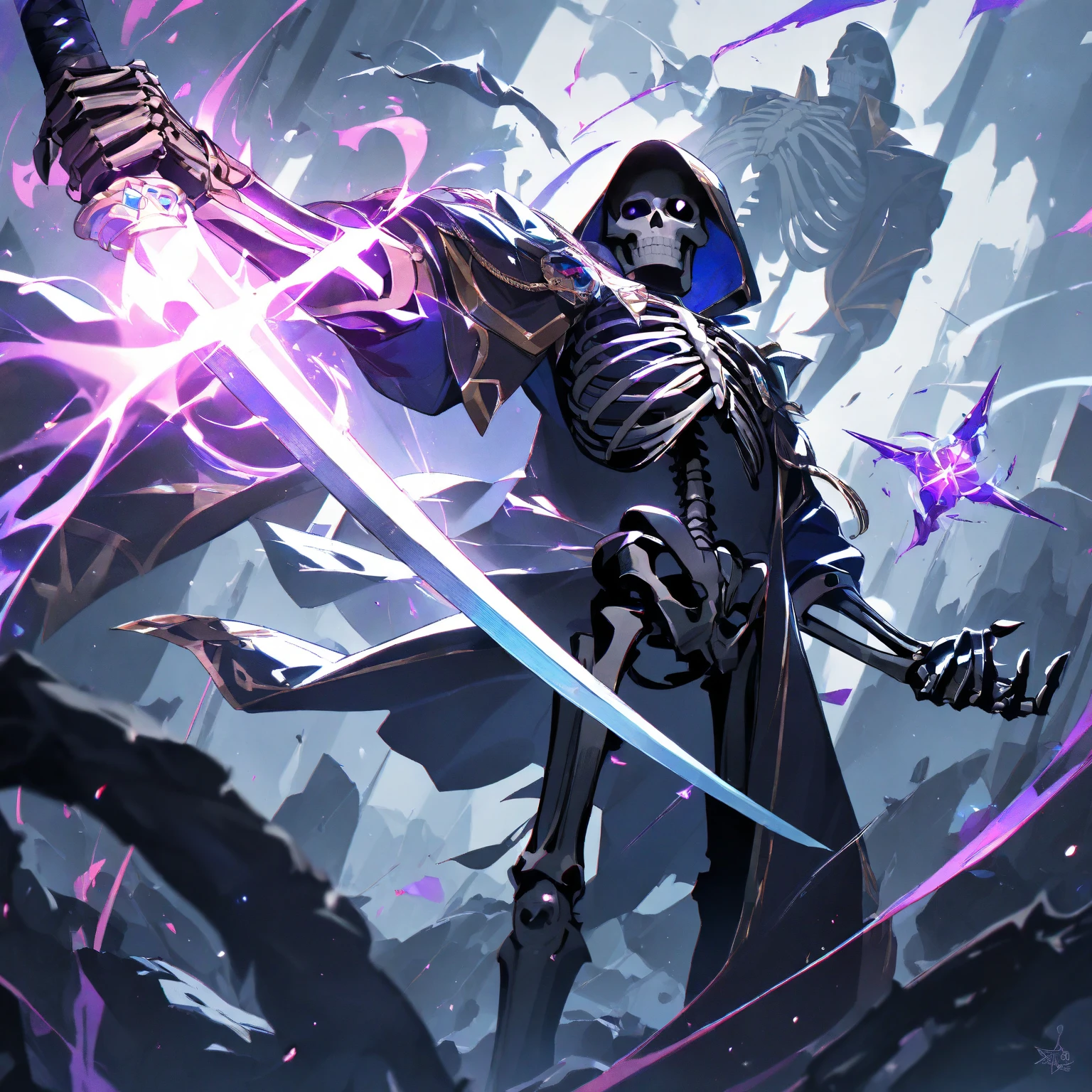 Sinister reaper lurking in a chilling gothic realm, emanating an aura of horror and melancholy, adorned in a menacing skull, mask, and armor.