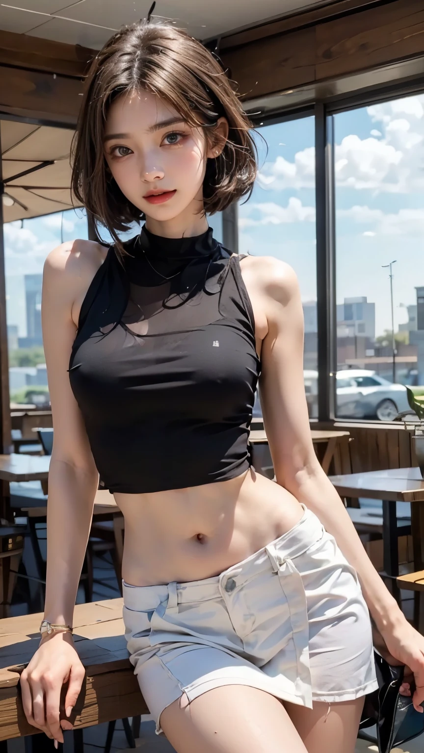 (Masterpiece, best quality, award winning, photorealistic, model photography :1.5), sharp focus shot, A beautiful European female youth, pretty girl, model, ig idol, delicate face, (slim body, slender:1.3), big breasts, beautiful eyes, no make-up, (straight short hair:1.2). Wearing t-shirt and side slit skirt. Adorn with earrings, pendant and bracelets, in coffee cafe, smirking.
