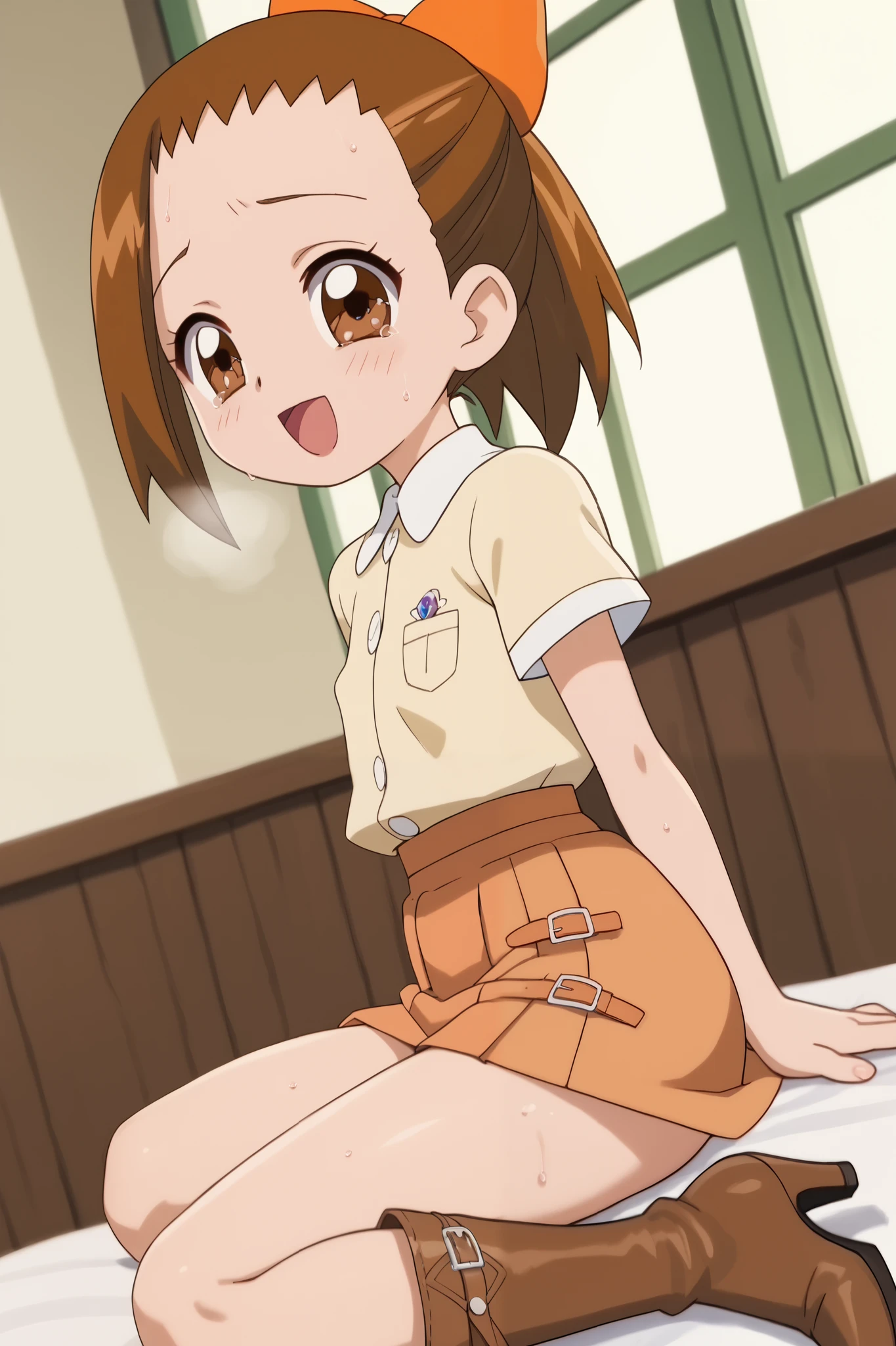 masterpiece, highest quality,Super detailed,girl,Happy,smile,rin hoshizora outdoor fence,open your mouth,uniform,mini skirt,white underwear,NSFW,small breasts,random angle,Undressing,blush,Squat down and spread your legs wide open.