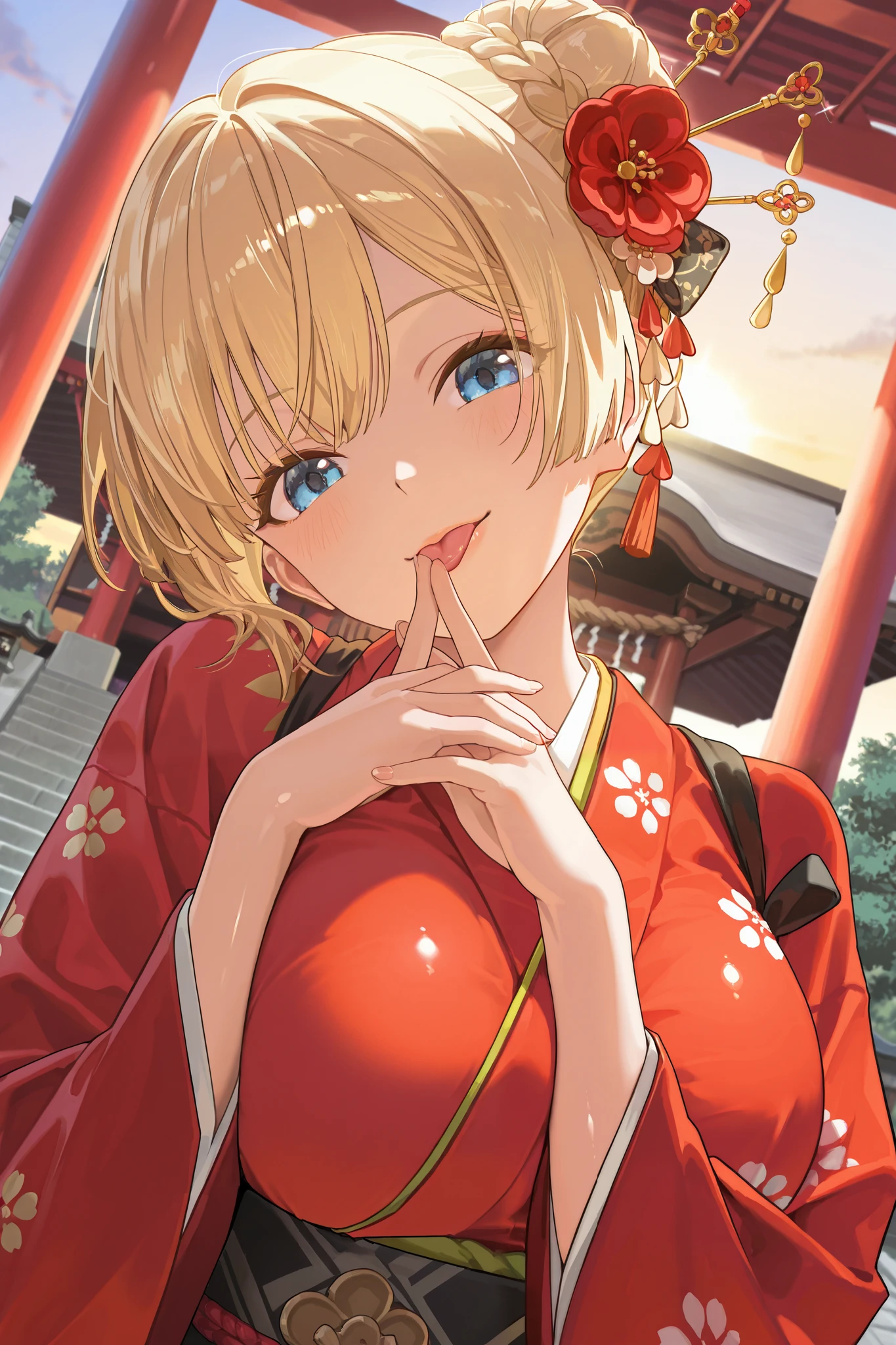 Masterpiece, highest quality, Great Quality, very aesthetic, high resolution, super detailed, is ridiculous, latest, scenery, new year shrine visit, CINEMATIC LIGHT , 1 girl, cute, Alone, blonde, short hair, braided bun, red flower hair stick, blue eye, staring at viewers, 片eyeを閉じた, big smile, mouth, medium boobs, traditional red kimono , Dutch angle , upper body, Twisted Pose , head tilt, own hand together, hand to the side, depth of field, shrine, Sunrise, backlight, sunlight filtering through the trees, fine fabric emphasis, rimlight, focus on face , break, very detailed clothes , eye, hand, refer to, lips, detailed eye, shiny skin, detailed skin, detail hair to lick your ass , Masterpiece, highest quality, Great Quality, very aesthetic, high resolution, super detailed, is ridiculous, latest, scenery, Stereo lighting ,refer toは5本,Tongue out