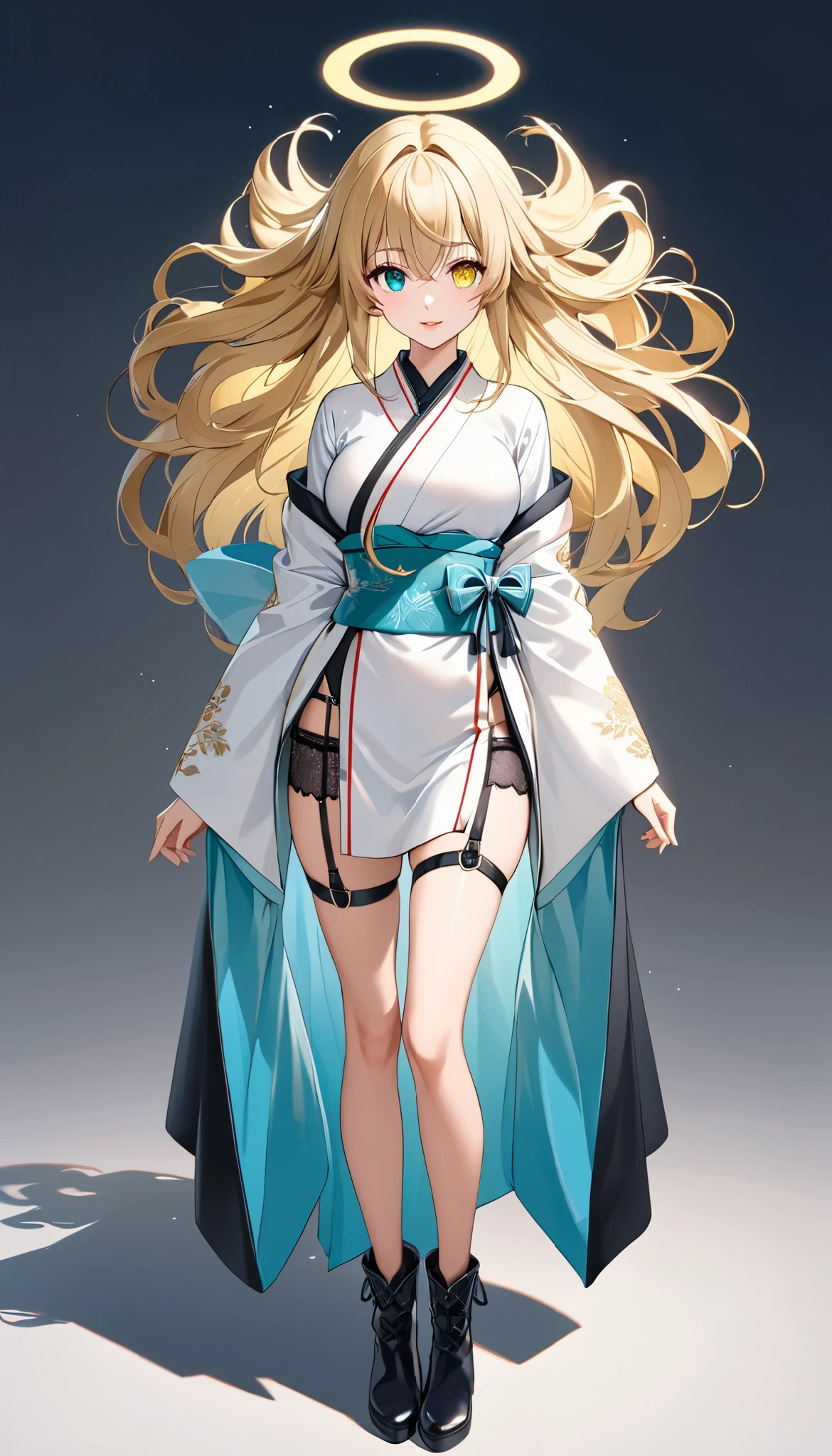 1girl ,
{ standing}
height 158 cm,
Alone,
Beige Skin,
Cheeks are ruddy,
((The iris on the left is medium aquamarine and the iris on the right is yellow ))
((Complete iris heterochromia )),
beautiful eyes,
large black pupils ,
Her hair is messy and tied up.,
blonde,
the tips of the hair are whitish ,
The hair has gradation ,
glossy hair,
young but beautiful and bewitching face ,
The lips are extremely small,
smiling,
A small, shining halo is floating above her head.,
the tips of the eyebrows are slightly lowered ,
the upper body is worn in kimono ,
mega breastsは柔らかそう,
Slim waist,
thin legs,
The lower body is a long dress in the style of a Chinese dress with slits at both hips,
The color of the obi is red ,,
The obi is tastefully embroidered with silver thread.,
fine fabric clothing ,
Thong underwear,
Garter Belt,
stockings,
the thigh strap cuts into the skin ,
Are the tips of long boots Japanese style,
Isometric,
golden ratio,
god々 atmosphere,
She is wearing a stand-up collared undershirt.,
tactical use of shadows ,
the ring of the head and hair fit inside the frame ,
Clothes fit inside the frame ,
{ full body}
facing the front,
fresh illustration ,
Superfine painting,
very delicate illustration ,
Very fine details ,