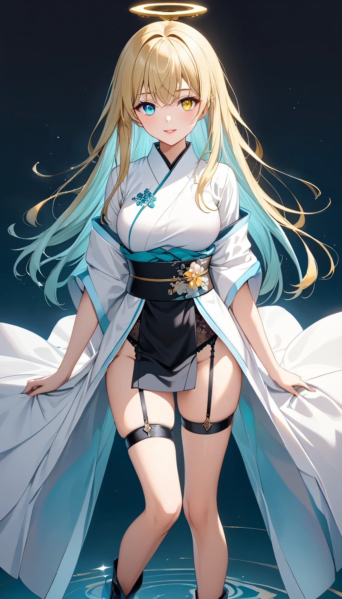1girl ,
{ standing}
height 158 cm,
Alone,
Beige Skin,
Cheeks are ruddy,
((The iris on the left is medium aquamarine and the iris on the right is yellow ))
((Complete iris heterochromia )),
beautiful eyes,
large black pupils ,
Her hair is messy and tied up.,
blonde,
the tips of the hair are whitish ,
The hair has gradation ,
glossy hair,
young but beautiful and bewitching face ,
The lips are extremely small,
smiling,
A small, shining halo is floating above her head.,
the tips of the eyebrows are slightly lowered ,
the upper body is worn in kimono ,
mega breastsは柔らかそう,
Slim waist,
thin legs,
The lower body is a long dress in the style of a Chinese dress with slits at both hips,
The color of the obi is red ,,
The obi is tastefully embroidered with silver thread.,
fine fabric clothing ,
Thong underwear,
Garter Belt,
stockings,
the thigh strap cuts into the skin ,
Are the tips of long boots Japanese style,
Isometric,
golden ratio,
god々 atmosphere,
She is wearing a stand-up collared undershirt.,
tactical use of shadows ,
the ring of the head and hair fit inside the frame ,
Clothes fit inside the frame ,
{ full body}
forward,
fresh illustration ,
Superfine painting,
very delicate illustration ,
Very fine details ,