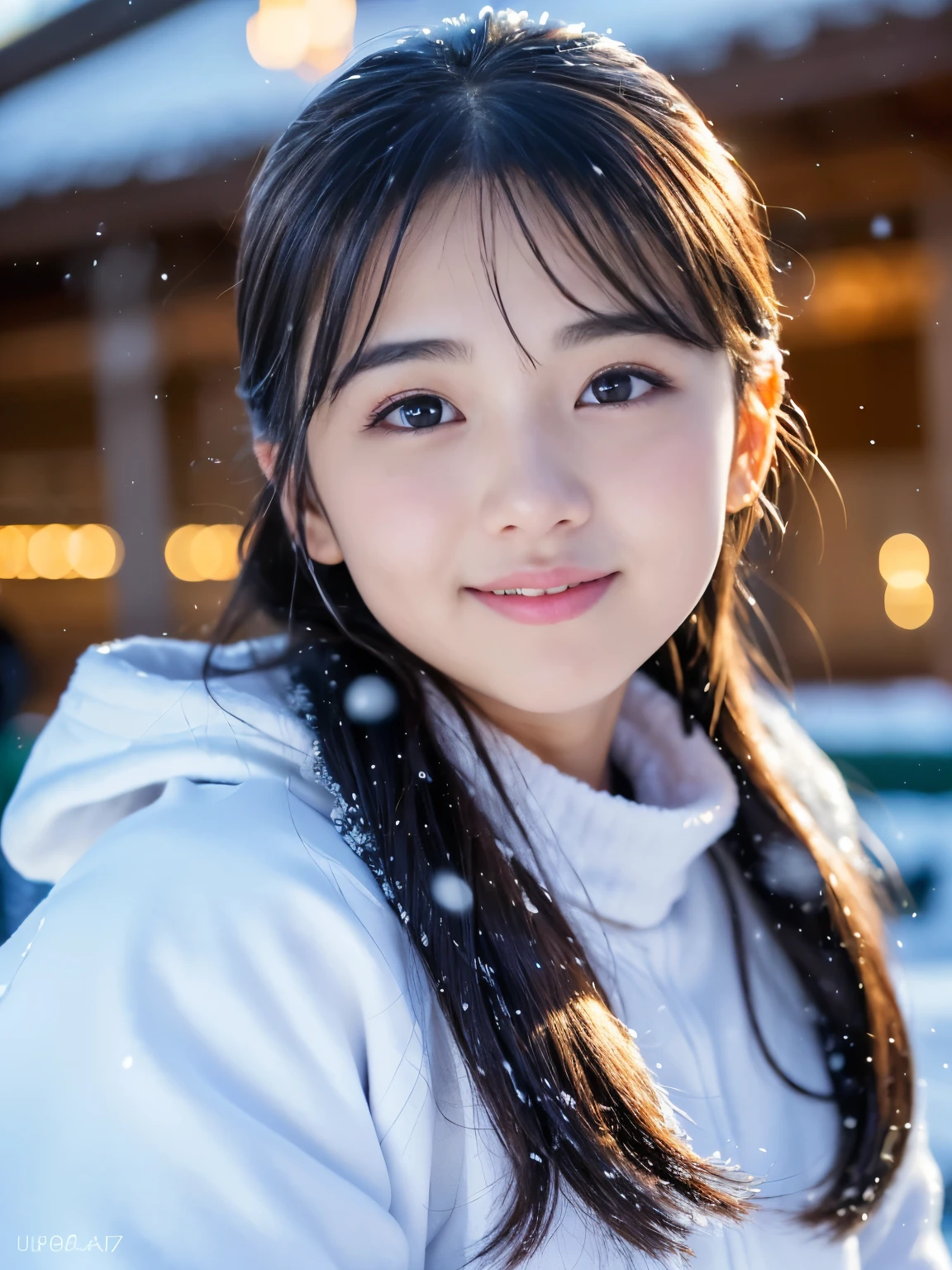 1 girl, (put on a coat:1.2), (RAW Photos, highest quality), (Realistic, Photorealistic:1.4), Tabletop, Very delicate and beautiful, Very detailed, 2k wallpaper, wonderful, finely, very detailed CG Unity 8k wallpaper, Very detailed, High resolution, Soft Light, Beautiful detailed girl, Very detailed目と顔, Beautiful and detailed nose, finely beautiful eyes, Cinema Lighting, Illuminations that light up the city on a snowy night, Snow Scene, that'it's snowing, snow fell in my hair, Perfect Anatomy, tense air, Straight Long Hair, Looking at the audience, smile, Hokkaido serial murders, Disappearing into the Sea of Okhotsk, Tracking、Fluffy scarf、