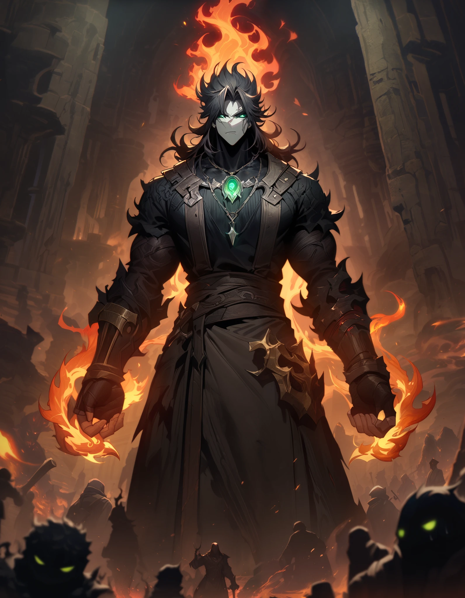 masterpiece, best quality, Greek mythology, anime, protagonist
- tall, lean male figure
- broad shoulders, athletic build
- ashen-toned pale skin, faintly glowing
- shadowfire eyes (golden flames mixed with inky darkness)
- blue-black, unruly hair, tied back with loose strands
- sharp, angular facial features
- soot-streaked skin, calloused hands
- blacksmith attire: leather apron, heavy boots, fingerless gloves
- Stygian iron accents, abyssal silk details
- rugged yet elegant appearance
- Eclipse Pendant necklace (teardrop pendant, glowing faintly)
- rune-etched rings or gauntlets on hands
- introverted, brooding expression
- standing in a forge or shadowy Underworld setting
- faint glow of shadowfire (shadowy black, purple and volcanic red flames)around hands or tools
- dark, smoky background with hints of celestial or green and fiery Underworld elements
- overall aesthetic: divine blacksmith, Underworld warrior, rugged elegance. Dark color, Lol, League, league of legends, Dark color, glow0_3