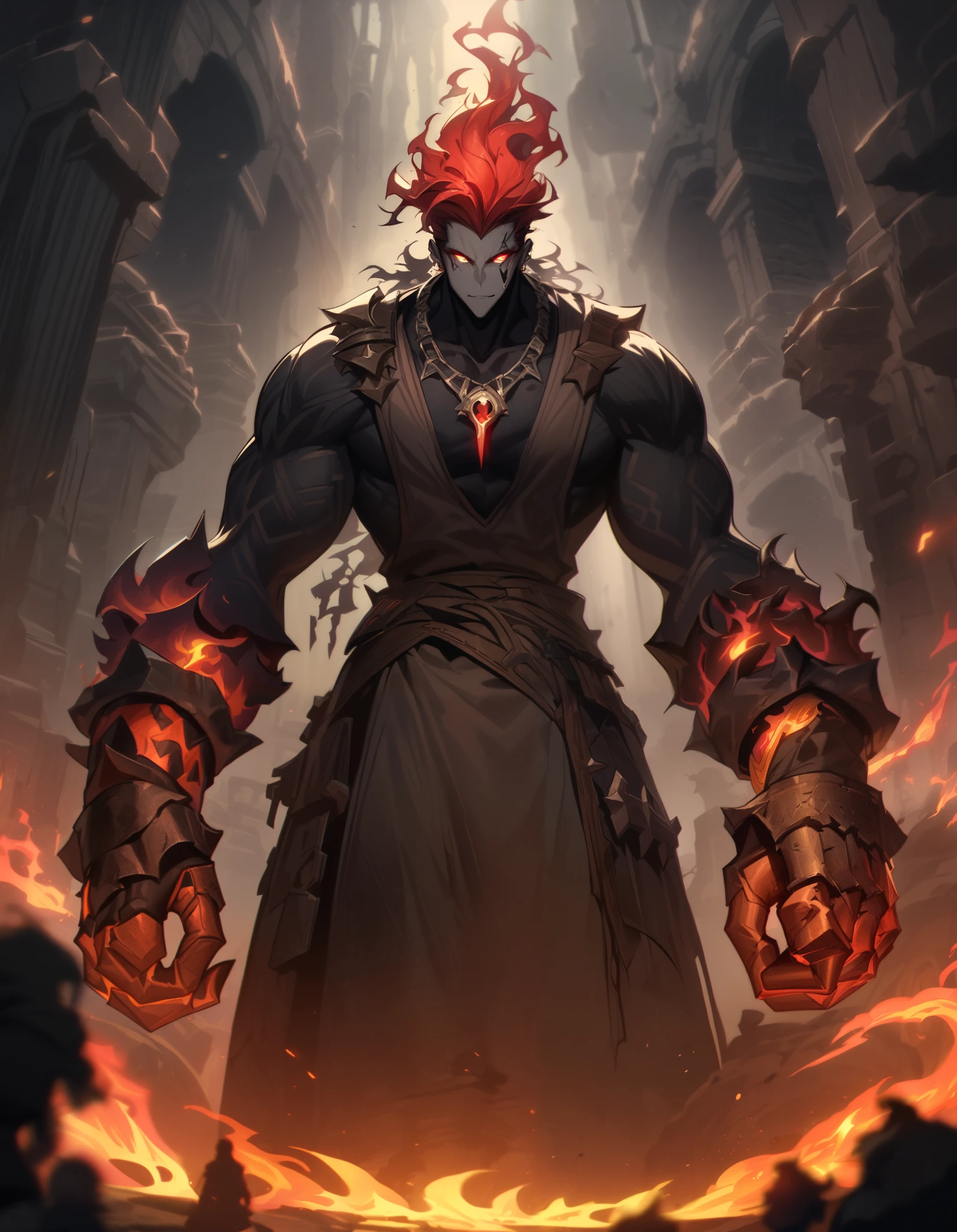 masterpiece, best quality, Greek mythology, anime, protagonist
- tall, lean male figure
- broad shoulders, athletic build
- ashen-toned pale skin, faintly glowing
- shadowfire eyes (golden flames mixed with inky darkness)
- blue-black, unruly hair, tied back with loose strands
- sharp, angular facial features
- soot-streaked skin, calloused hands
- blacksmith attire: leather apron, heavy boots, fingerless gloves
- Stygian iron accents, abyssal silk details
- rugged yet elegant appearance
- Eclipse Pendant necklace (teardrop pendant, glowing faintly)
- rune-etched rings or gauntlets on hands
- introverted, brooding expression
- standing in a forge or shadowy Underworld setting
- faint glow of shadowfire (shadowy black, purple and volcanic red flames)around hands or tools
- dark, smoky background with hints of celestial or green and fiery Underworld elements
- overall aesthetic: divine blacksmith, Underworld warrior, rugged elegance. Dark color, Lol, League, league of legends, Dark color, glow0_3