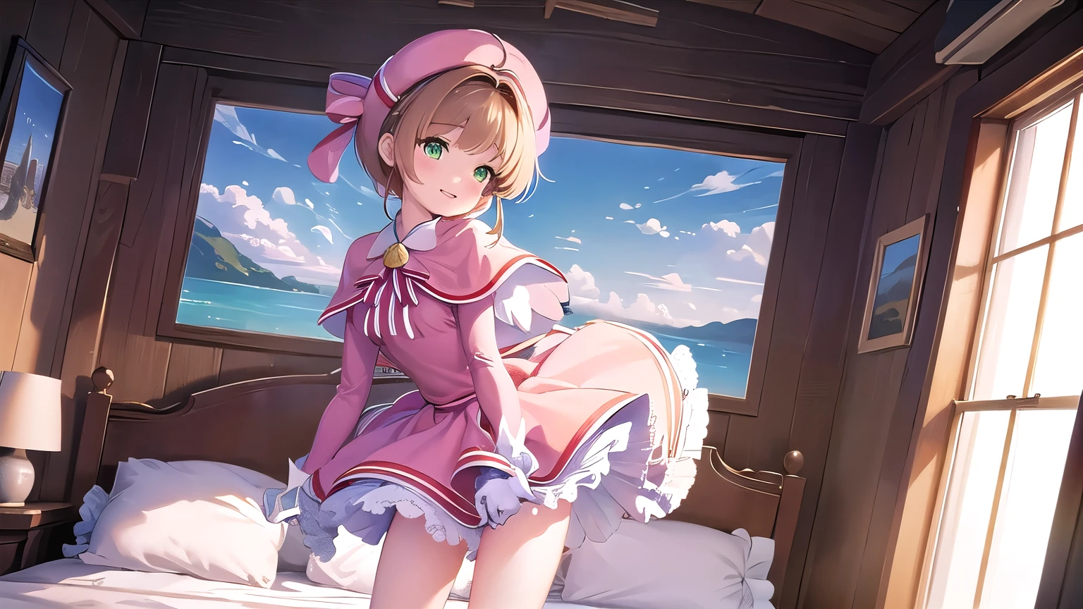 (( top quality)), (( Masterpiece)), ( please understand ), perfect face, big eyes, droopy eyes , eyelashes, Eyes sparkling , ( close bedroom standing with sweat ), (kinomoto sakura), GREEN EYES, short brown hair , capelet , pink dress in one hand , Striped Ribbons , Long Sleeve , white gloves , ( miniskirt), Medium Boobs, smile, closed her mouth、 、 bed holding an SM whip、 Masterpiece、 top quality、 Detailed Help 、 cute anime 、 Train illustration 、 Hi-Res, Attention to Details , 超 Hi-Res, very well detailed , curvy , flat chest, super real girl 、子供underwear , low angle、 airplane 、 full body view、 Happy face 、、underwear、 messy clothes 、 perfect body、 low angle、股間の隙間からunderwearが見える