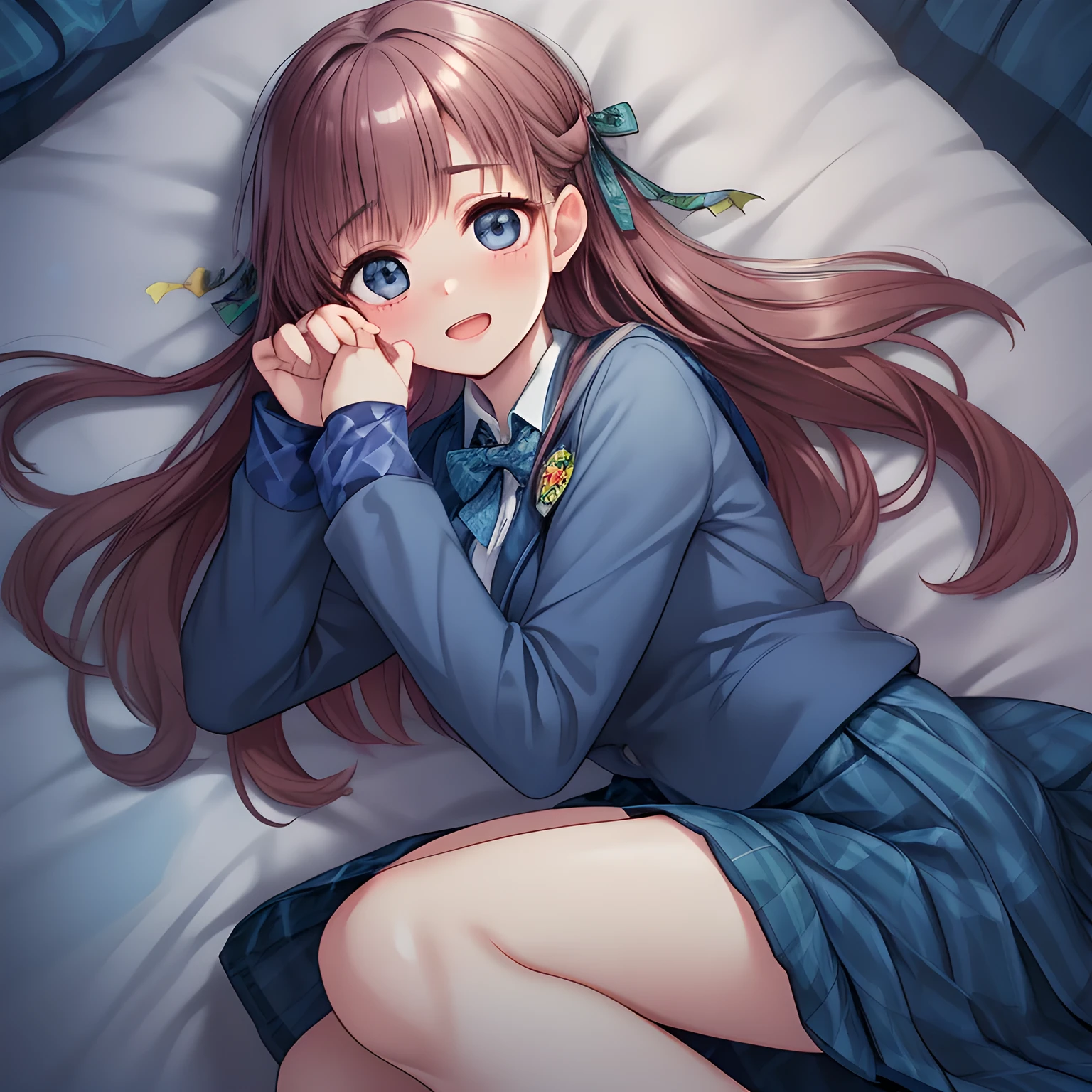 (highest quality, masterpiece:1.2), highest quality, High resolution, 1080p, 8K, Height: 158cm, (High-definition game CG: 1.0), (Like a beautiful girl dreaming of a royal game heroine, A very intelligent, very noble, pretty and pure beautiful girl. Lie face down on the bed, (Very elegant bursting laugh), Using expensive whitening cosmetics: 1.2), A face that everyone loves, Glossy lips, Even bangs, (Too beautiful blue fascinating shiny eyes with love to the viewer, with detailed: 1.5), The very large red shiny wide ribbon bow-tie is very cute., ((Black Hair)), ((long twin braids)), (Neat uniform, ((Dark blue winter long sleeve blazer with noble emblem), (A long, neat, dark (navy blue) (tartan-checkered pleated skirt)), white blouse: 1.5), (Extremely lustrous, shiny game heroine lips, open mouth: 0.8), (Ribbon in hair, The ribbon is big and very pretty, Beautiful hair like a hair model), (Tight waist, slender like a fashion model), The background is a pitch black space, (The girls know well about the viewer's super fetishism for school uniforms, and satisfies it completely with her hands and skirts deeply (in the viewer's clear lewd dream): 1.6), (beautiful noble expensive high class atmosphere: 1)