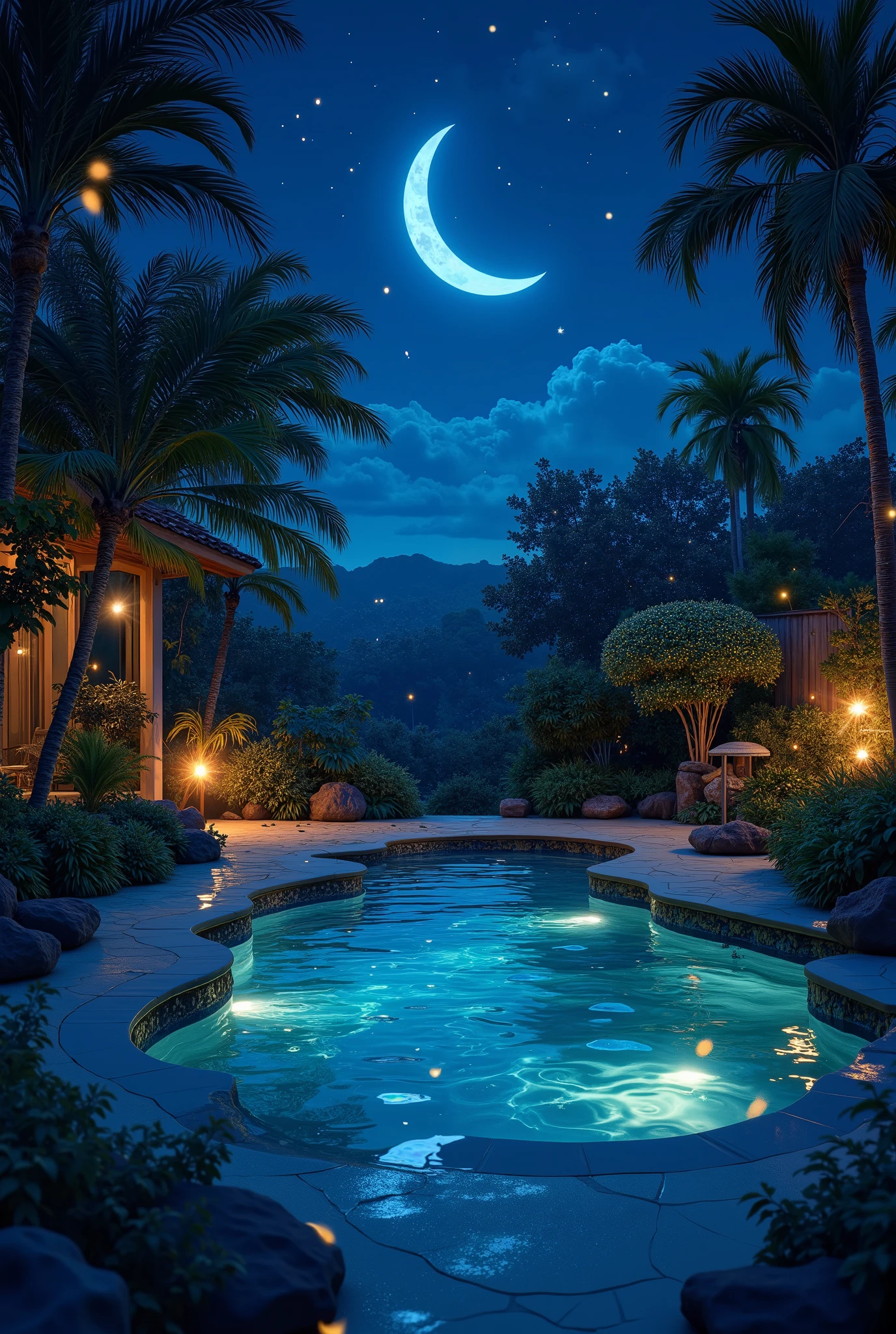 super detailed , very high resolution, masterpiece.
, there was a beautiful big crescent Moon , At night by the pool in my backyard , , Firefly light reflected from the prism,Shine on the water.
various iridescent fluffy fog flash effects