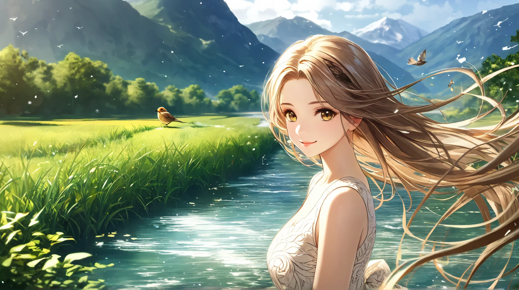 (( top quality)),( ultra high resolution),( very detailed),( Detailed Explanation ),(( best CG )),( BEST ARTWORK ), Ultra-precise art, Amazing Painting Art,(Exquisite art:1.5), woman, a beautiful and well-groomed face , Natural Makeup, Clothes with a sleek pattern, Lustrous hair that has been tied up, Smile of Charity , Fresh Greens, A taiga flowing smoothly, Resplendent Waters, snowy mountains visible in the distance, Breeze Blowing Through, Little Bird's Chirping ,