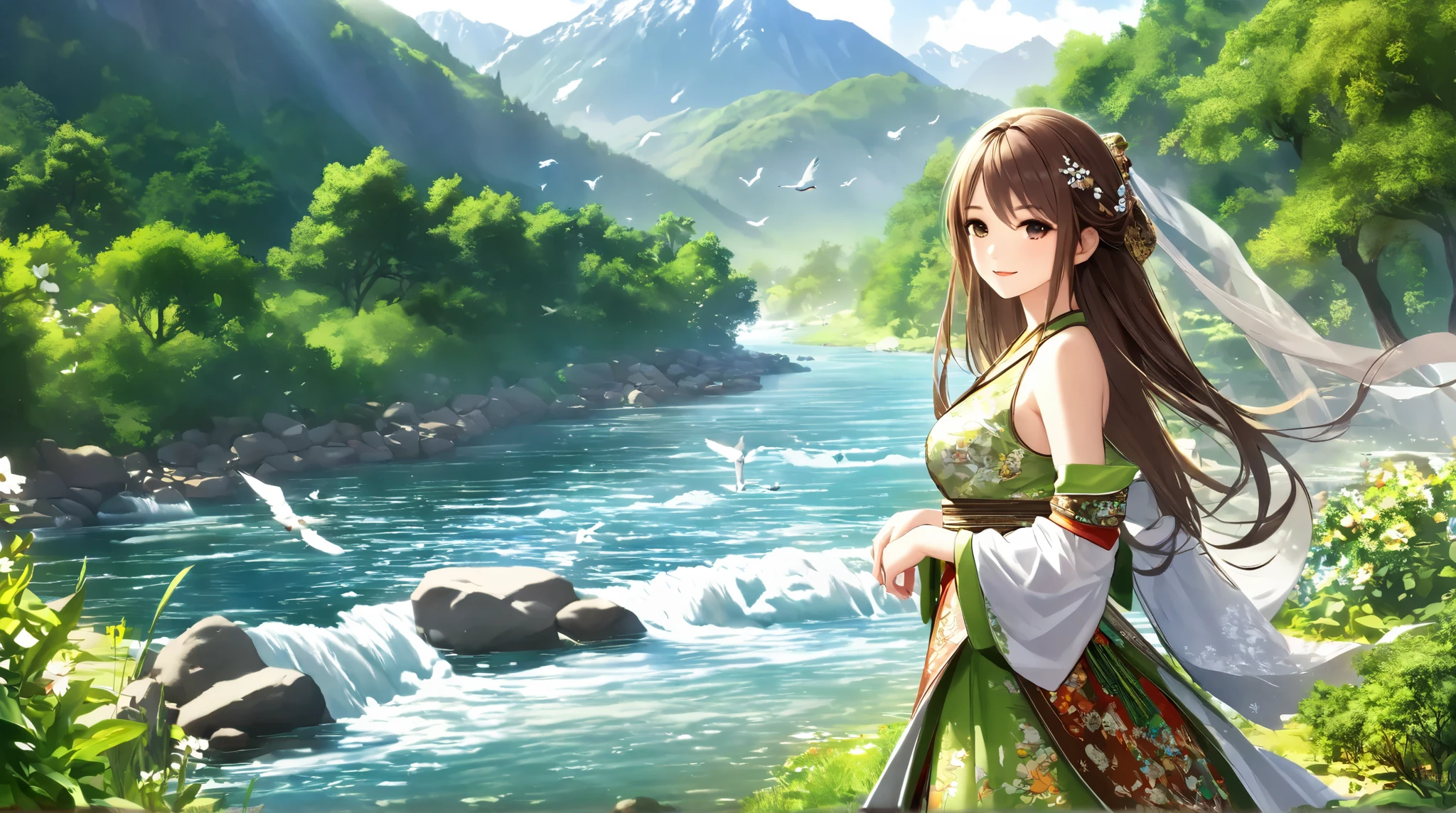 (( top quality)),( ultra high resolution),( very detailed),( Detailed Explanation ),(( best CG )),( BEST ARTWORK ), Ultra-precise art, Amazing Painting Art,(Exquisite art:1.5), woman, beautiful and well-groomed face shooting, Natural Makeup, Sleek Patterned Clothes, Lustrous hair that has been tied up, Smile of Charity , Fresh Greens, The River Flowing Softly, Resplendent Waters, snowy mountains visible in the distance, Breeze Blowing Through , Little Bird's Chirping,