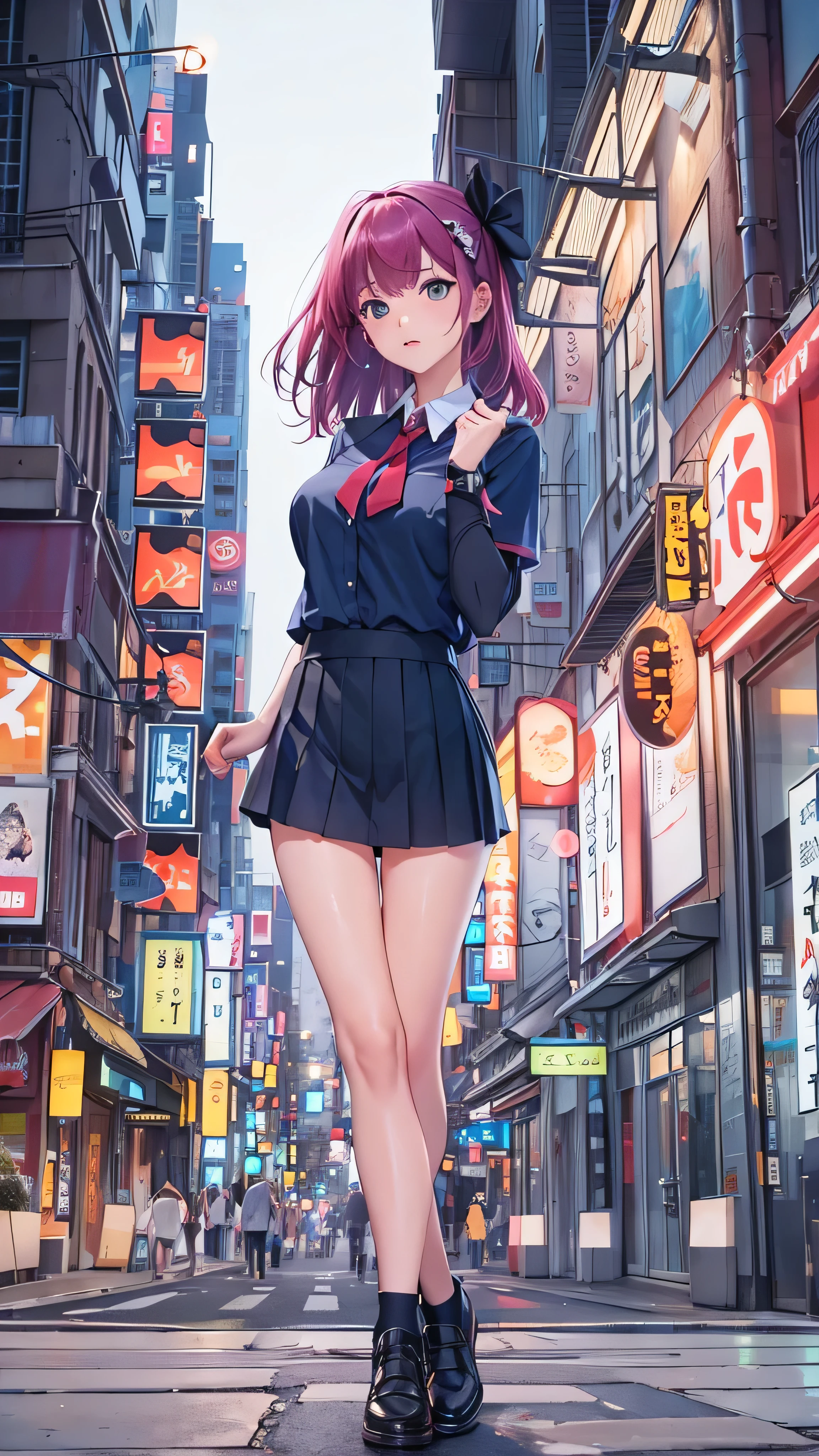Anime girl in a short skirt and jacket standing on a city street ...