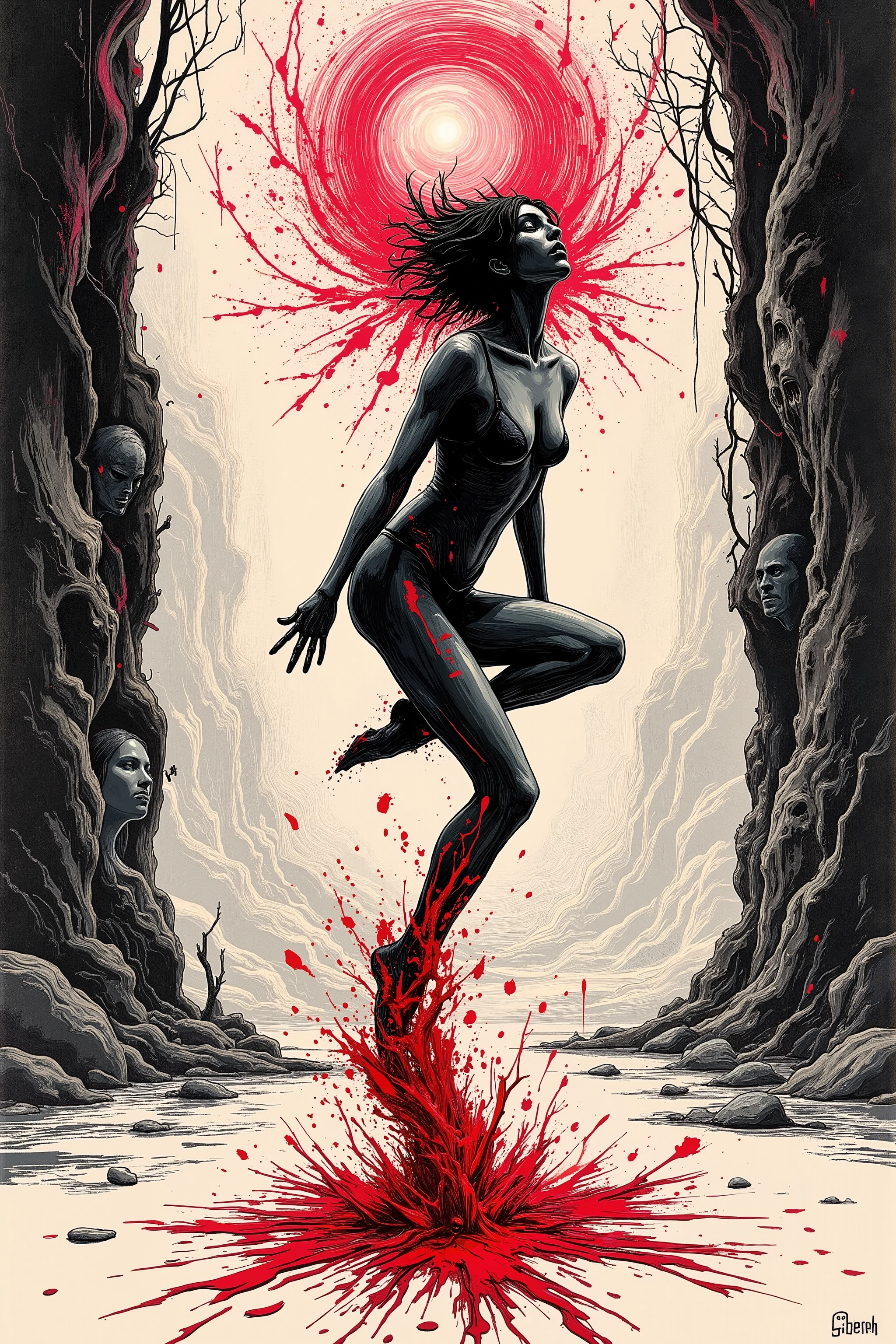 The figure stands, but not in the way it should—twisted, contorted, caught in the violent arc of a movement frozen mid-frame, a motion that never completes. The limbs stretch beyond their natural range, ink bleeding past the outlines, smearing like wet charcoal, as if the body itself is rejecting the constraints of anatomy. The pose suggests dance, but the joints protest, angles unnatural, gravity ignored.
Gouache explosions of crimson burst from the soles of her feet, spreading outward in jagged splinters, fracturing the ground beneath. The floor is a vortex of spiraling crosshatch, lines drawn by a trembling hand, leading nowhere, leading everywhere. Depth bends, warps, consuming itself. The vanishing point flickers, flickers, flickers, rewriting the laws of space with every shift in perspective.
The backdrop is a grotesque tapestry of oil-painted anguish, a Renaissance-style fresco stretched too thin over a surface that isn't solid. Brushstrokes too thick, faces hidden within the streaks of an unfinished background, watching from the folds of shadow, layered over and over, still wet, still moving. Stippling noise fills the negative space, a static hum creeping into the edges of perception, an artificial grain overlaid onto the nightmare.
Acrylic splashes in unnatural arcs behind her, midair, suspended, refusing to fall. The air shatters like glass around her outstretched fingertips, fragmenting into jagged cel-shaded shards, luminescent and wrong. The highlights do not follow a logical light source; instead, they flicker between dimensions, glitching, shifting, clashing against the inked edges of her body.
Her head tilts, too far, the motion captured like a smudged gesture sketch, the lines blurred, unstable, as if her entire existence is unraveling mid-movement. The face is an afterthought, unfinished, features fighting for dominance between layers of impasto chaos.
Behind her, the sky is layered in digital brushstrokes—saturated, vibrating, a deep carmine