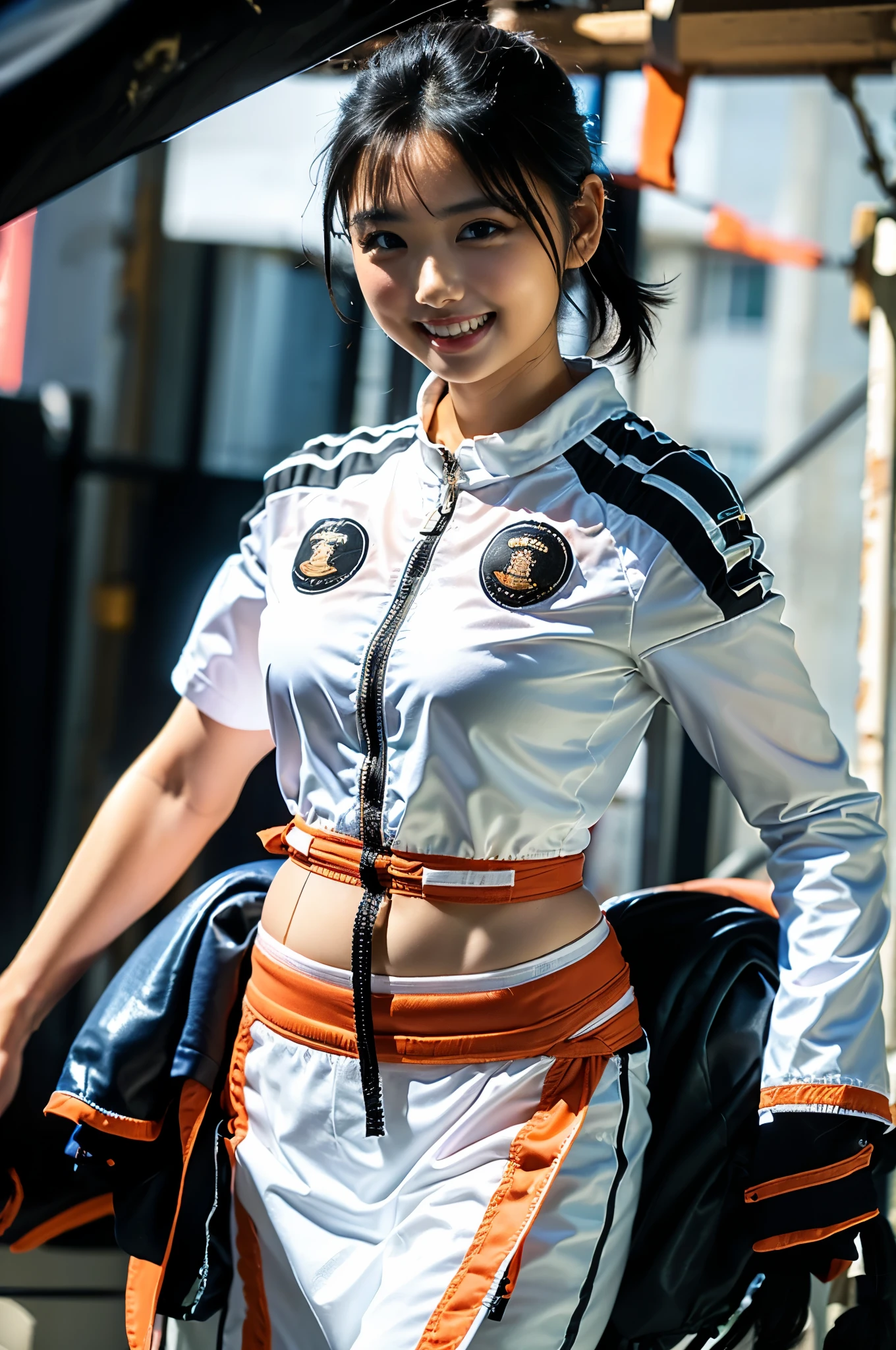 (18yo, young, cute:1.3), (japanese 1girl idol:1.2), ultra highres, real skin, Hyperrealism, glistening skin, professional photograph, (absurdres:1.4), 8K, (RAW photo:1.2), (extremely detailed clothing), (extremely detailed legs), best quality, ultra detailed, absolutely resolution, (face is shiny:0.8), (shiny skin:0.8), best hands, nice hands, perfect hands, BREAK、Black Hair、Long Hair、She rolls up her miniskirt to show her white panties、Vortes V