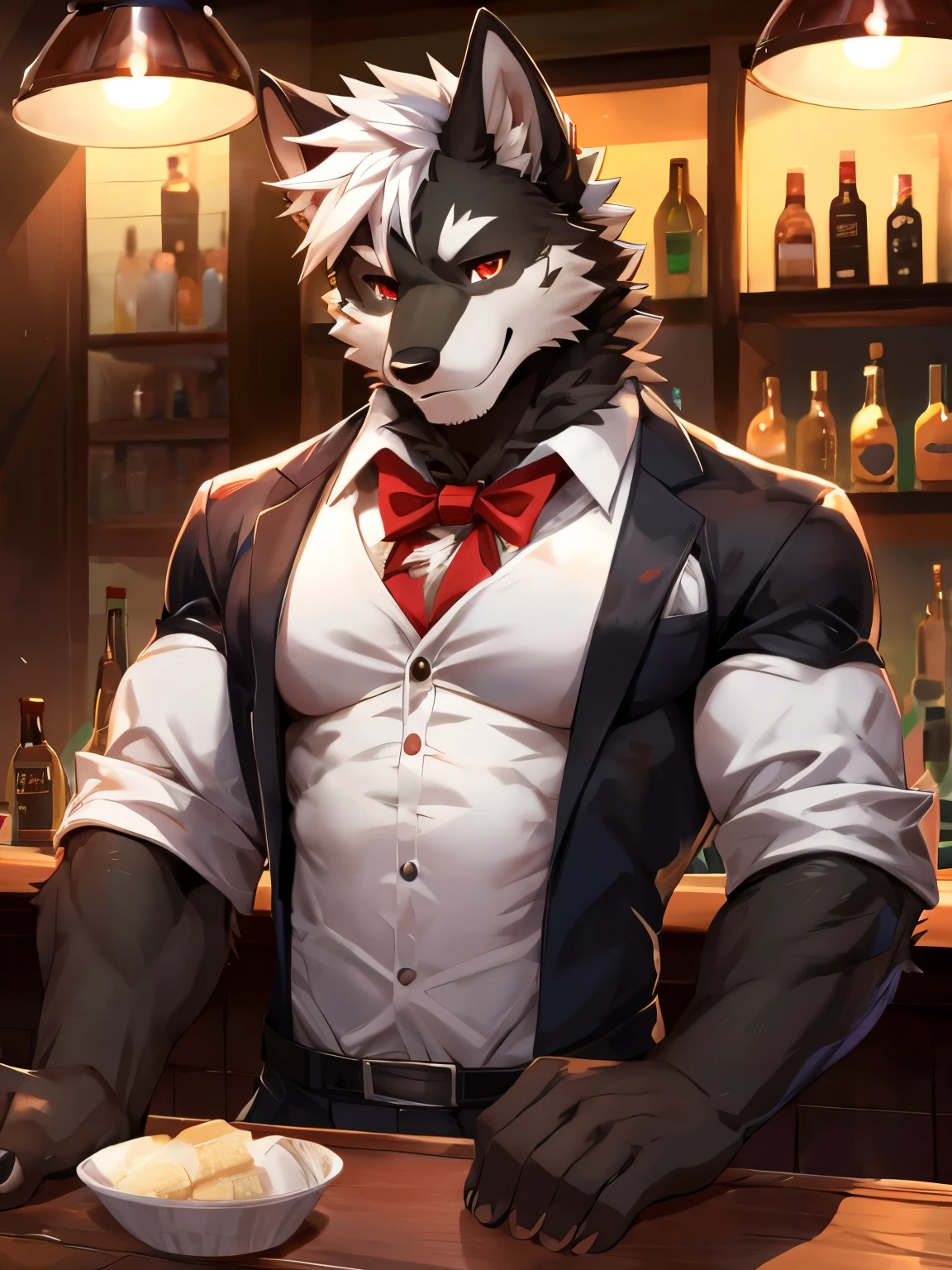 anthropology, two wolves, hairy, black and white fur, A place where people congregate, hairy, big penis, nude , Sparkling blue eyes, Big pink‚ with big‚ abs‚ handsome‚two wolves have sex, first wolf bring ass toward second wolf, first wolf stand behind fuck second wolf, collarbone, pink nipples, nipple piercing, stand, harness, harness ring, cum, fat, view looking up from directly below penis, ass close to cock, medium cock, bar club, high quality, super detail, 1080P, high quality, high quality, best quality, 8k, super detail, 16k