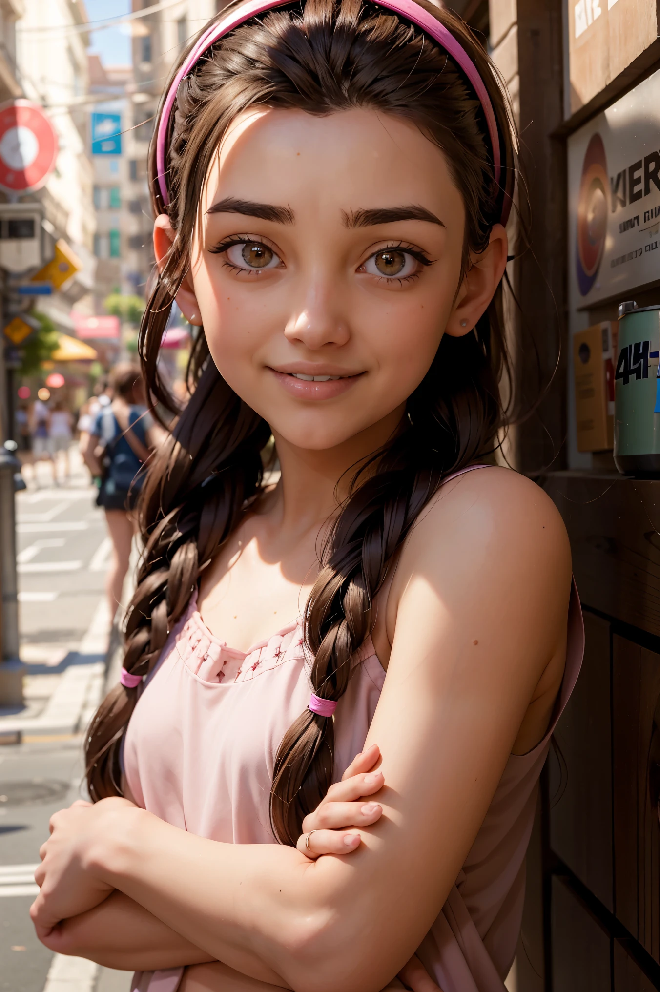 An impressive and intricate full color portrait, Ultra-HD a girl, brown hair with 2 braids, brown eyes, pink headband, detailed face, dressed in a crimson dress, no logos, epic character composition, alessio albi, nina masic, sharp focus, natural lighting, subsurface dispersion, f2, 35mm, in a restraunt, romantic, smiling with teeth, happy face.
