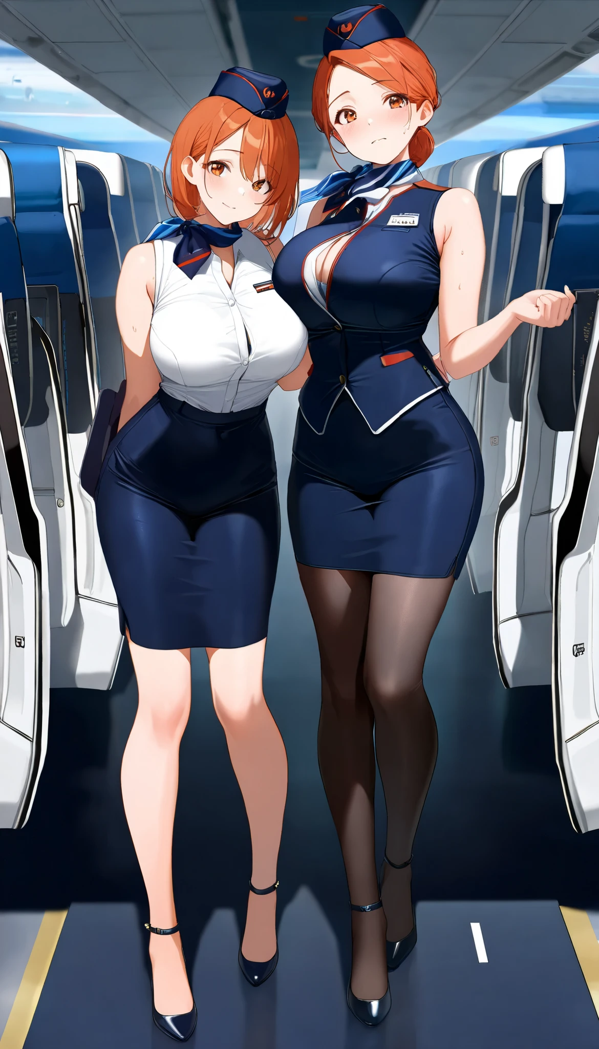 (8k ,Super detailed,Hyper-photorealism,The best masterpiece,Nature,Perfect work of art,Perfect female body),Two cute busty girls ,(large tities),cabin crew,Fashionable Hairstyle,Elegant and sexy stewardess,On the plane,Put on sexy vacuum stewardess,Built-in thong,Large cleavage,,Stretch the meat,Sexy bulge,Exposure ,tit,full-body shot