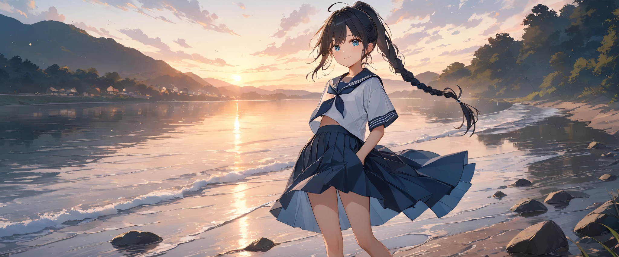 ((panty shot)),((lifting skirt)),((white panties focus)),Looking back,(low angle,from below),((masterpiece, highest resolution,best quality)), (beautiful illustration), ((semi long beautiful black hair,blunt bangs,pony tail,beautiful eyes)),(solo),(elegant swimsuit, Japanese high ,sailor,mini skirt),(looking at the viewer), (bathing in the sea),(innocent cute laugh,teeth), (cinematic lighting),beach, sand, blue sky, waves, coconut tree,fish,boat,sea gull,