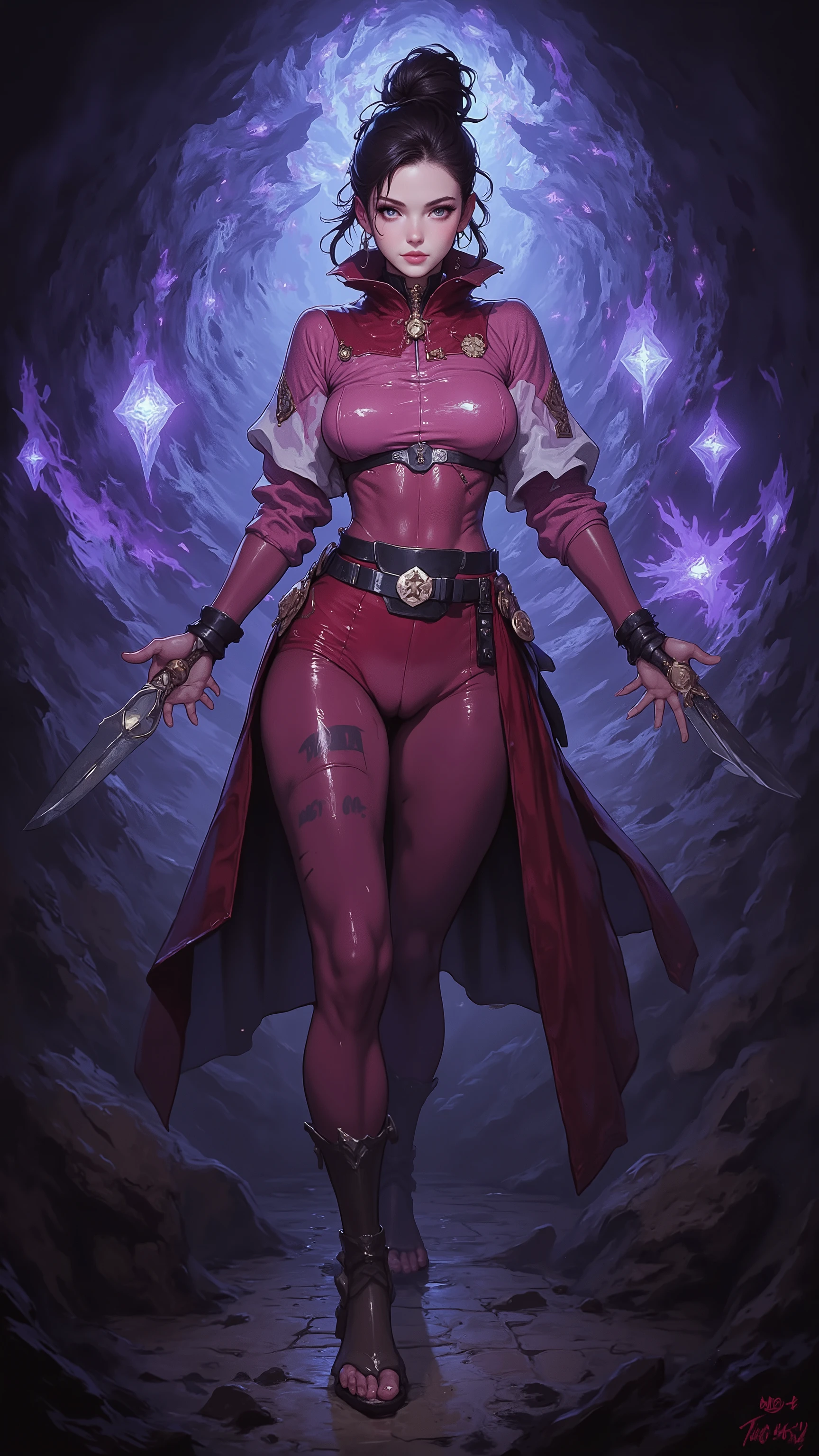 Masterpiece, Ultra extremely detailed, Insanely Definition - quality, 8k, (vibrant colors,vibrant theme), (intricate), full body , NSFW above view , full body view, large eyes , beautiful face , puffy lips , strapless tube top , brown shoulders , defined cheekbones, the pit style, silver tube top , silver tight pants , black skin, puffy lips, black skin, bald, black woman , bald woman , skinhead, sexy pose , Muscular , gigantic breasts , Volumetric lighting, baroque oil painting by Greg Rutkowski, Artgerm, WLOP, majestic, best shadow, light particles, art by artgerm and ruan jia and greg rutkowski, small Red cape , sidelighting, intricate details, silver and red color palette