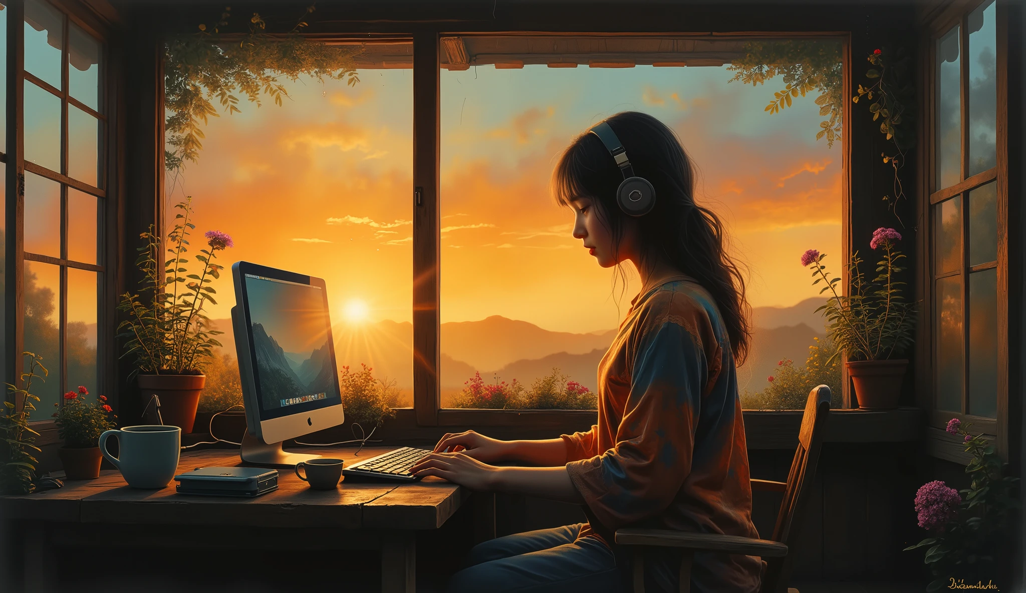 " creating a nostalgic scene featuring Miyazaki Hayunpu's Japanese girl . while listening to music 、 working on the computer . the girl writes in front of the computer . Next door is a cup of coffee , cup . The girl is in a cafe and 、Outside the window, it's dusk. Through the window, Add a tranquil atmosphere. This work is、 the warmth and thoughtful details characteristic of Miyazaki's work It must reflect, combines natural elements with a cozy interior 、 brings out a calm and creative feeling ."