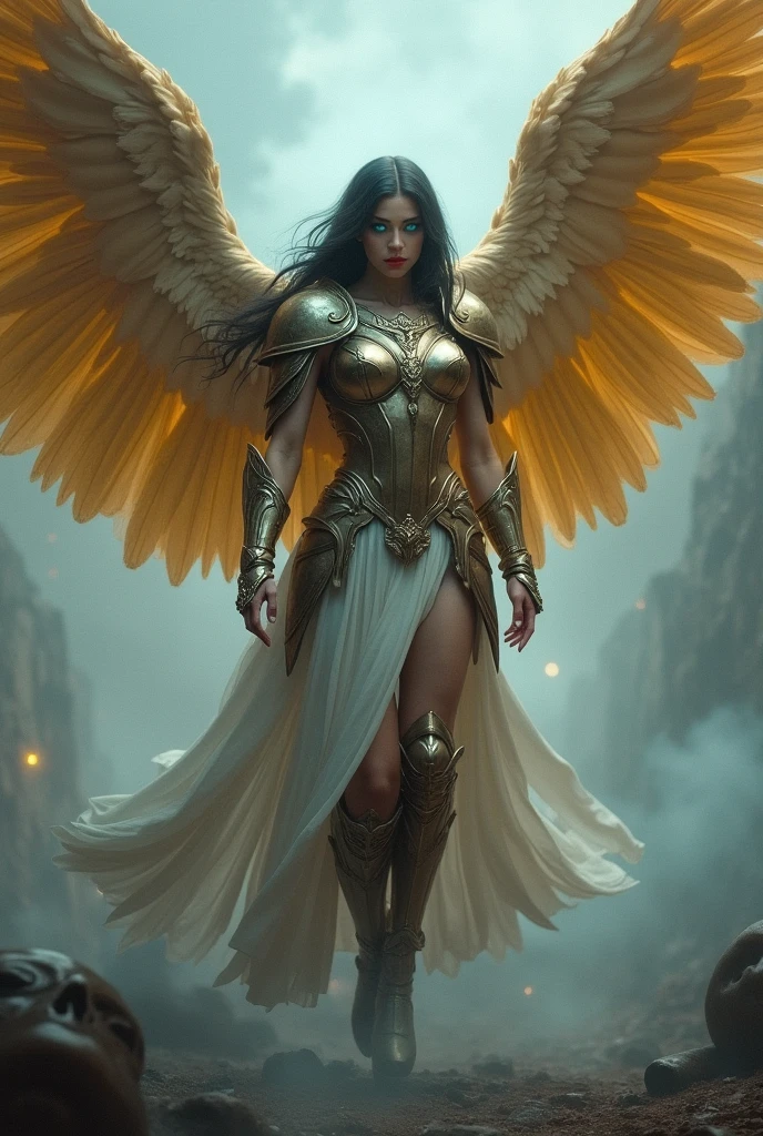make a picture with 3D cartoon effect, detailed face, a figure with large wings that looks like an angel or mythological creature, standing atop an erupting volcano. This image has a bright, dramatic feel, with a hideous face dominating the focus. fantasy, horror, or gothic genres. detailed and natural