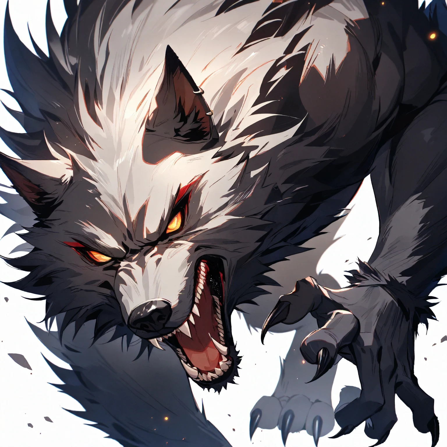 Realistic - Illustration - Pencil Art - Anime - Werewolf, em pose imponente, lado a lado, boca aberta, Claws on display, corpo inteiro, wears cloth pants, Montruoso, musculoso, wolf head, super peludo.
