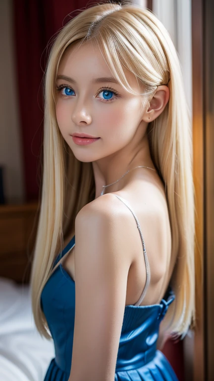 14 years old girl、Authentic photo quality、Extraordinary sexy beauty、Beautiful, Gentle and cheerful look、Sexy refreshing appearance、Perfect beautiful cute face、((long bangs hanging above the nose of the eyes,,,))、Super Long Blonde Straight Hair、Big, Beautiful blue eyes that shine、Very cute beautiful sexy young little woman、Very perfect and beautiful beautiful cute face、petite, little, flat_chest, skinny,