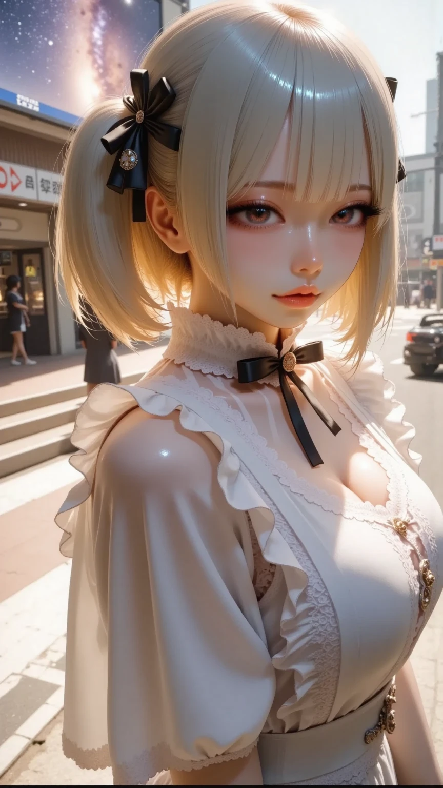  super real,  photorealistic,  dramatic scene , shadow, Global Illumination, Alone, ( Old Japanese famous idol women),  So beautiful壊れやすい日本の女性 ,  So beautiful、 very cute face , A long black double knot , ( is wearing traditional maid clothes 、 with frills ), (  they are suffering  ),  slim waist,  she is standing at the scramble crossing in Shibuya, Tokyo ,  is projected on a large monitor attached to the building、She's staring at the audience ,  her beautiful face is brightly illuminated by lights ,  Milky Way, shoot from above 