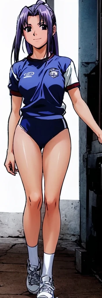 Momoko Koigakubo, a tall girl with beautiful legs, is standing in a white gym uniform and navy blue bloomers that look like panties.。