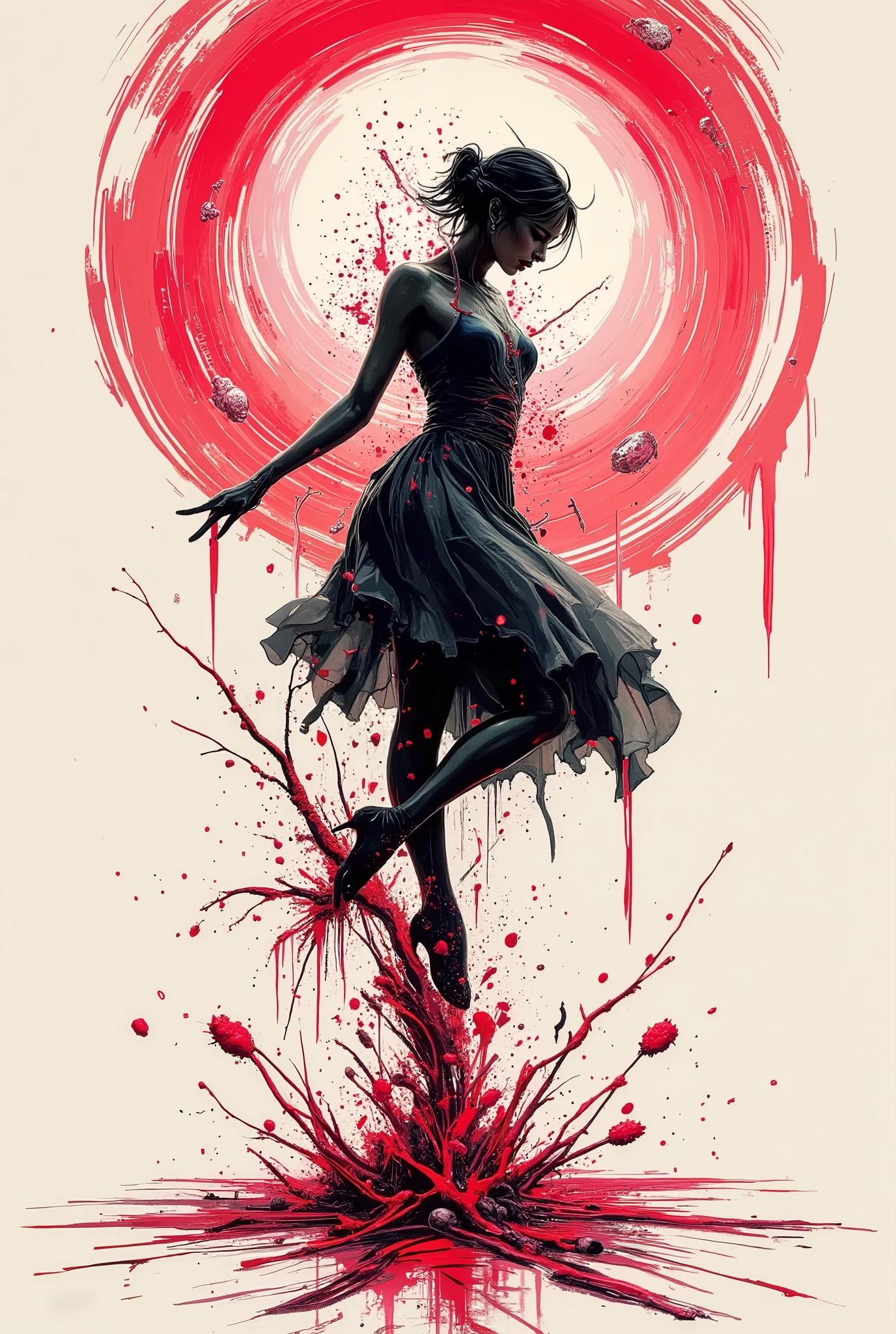 The figure stands, but not in the way it should—twisted, contorted, caught in the violent arc of a movement frozen mid-frame, a motion that never completes. The limbs stretch beyond their natural range, ink bleeding past the outlines, smearing like wet charcoal, as if the body itself is rejecting the constraints of anatomy. The pose suggests dance, but the joints protest, angles unnatural, elegant outfit,
Gouache explosions of crimson burst from the soles of her feet, spreading outward in jagged splinters, fracturing the ground beneath. The floor is a vortex of spiraling crosshatch, lines drawn by a trembling hand, leading nowhere, leading everywhere. Depth bends, warps, consuming itself, anatomically wrong.rewriting the laws of space with every shift in perspective.
The backdrop is a grotesque tapestry of oil-painted anguish, a Renaissance-style fresco stretched too thin over a surface that isn't solid. Brushstrokes too thick, faces hidden within the streaks of an unfinished background, watching from the folds of shadow, layered over and over, still wet, still moving. Stippling noise fills the negative space, a static hum creeping into the edges of perception, an artificial grain overlaid onto the nightmare.
Acrylic splashes in unnatural arcs behind her, midair, suspended, refusing to fall. The air shatters like glass around her outstretched fingertips, fragmenting into jagged cel-shaded shards, luminescent and wrong. The highlights do not follow a logical light source; instead, they flicker between dimensions, glitching, shifting, clashing against the inked edges of her body.
Her head tilts, too far, the motion captured like a smudged gesture sketch, the lines blurred, unstable, as if her entire existence is unraveling mid-movement. The face is an afterthought, unfinished, features fighting for dominance between layers of impasto chaos.
Behind her, the sky is layered in digital brushstrokes—saturated, vibrating, a deep carmine