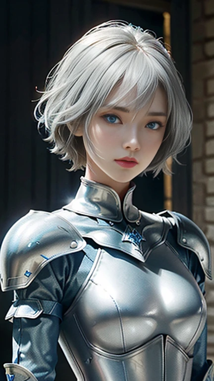 (8k、Photorealsitic、RAW Photography、top-quality:1.4)、(1girl in)、Super Beautiful Girl Warrior、(lifelike face)、(boyish、Silver Color Berry Shorthair)、Beautiful rider suit、Glare that captivates viewers、beautiful expression、beutiful breast、(real looking skin)、beautiful smiling face、(soldier)、enticing、超A high resolution、A hyper-realistic、hight resolution、spoiled