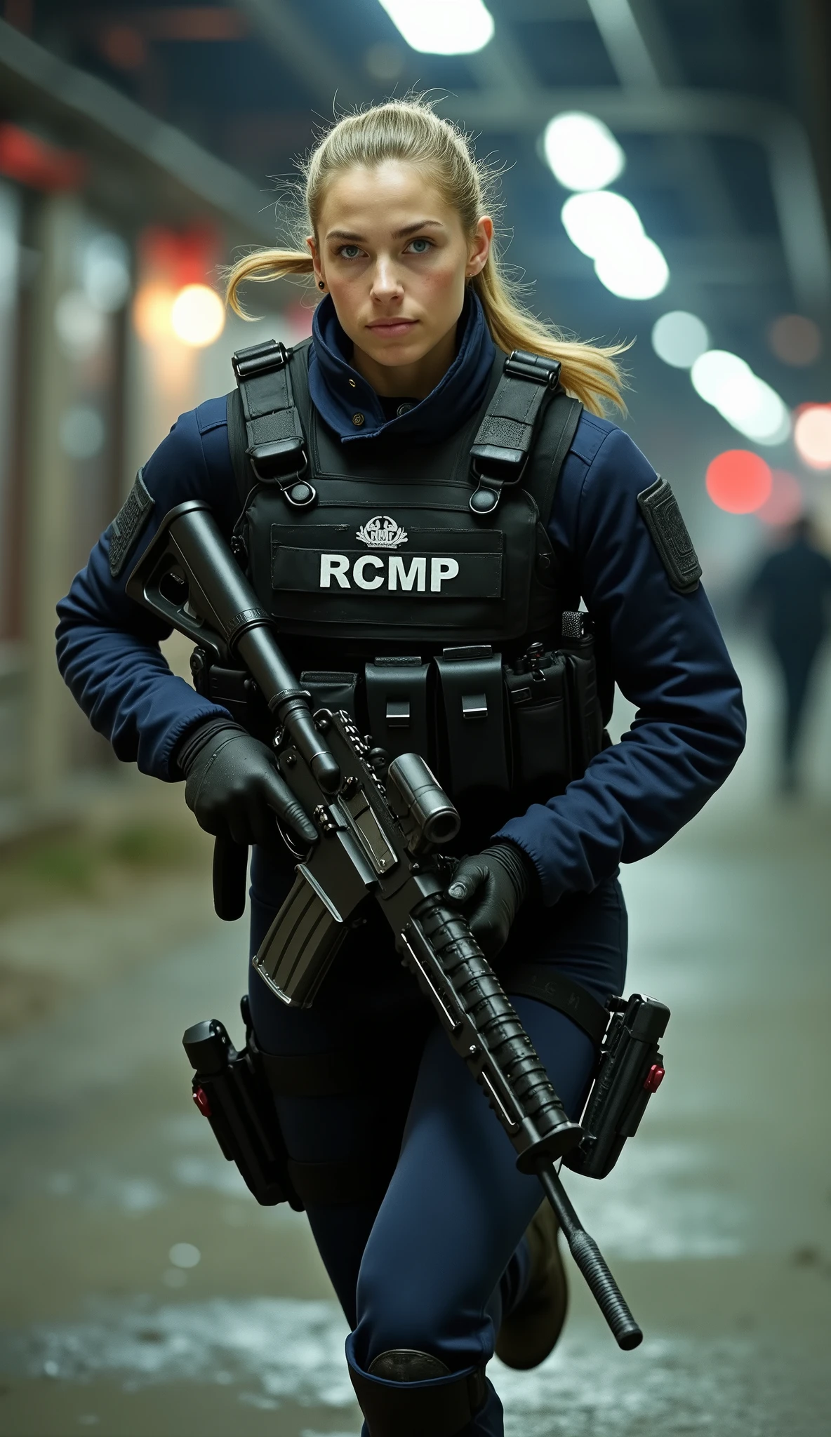 A beautiful 20-year-old Canadian woman with a strikingly charismatic and determined expression sprints forward with precision and agility. Her sharp blue eyes are focused, scanning the surroundings as she moves swiftly through an urban tactical environment. Her long blonde hair is neatly tied back into a tight ponytail, ensuring no distractions as she maneuvers through the high-stakes operation.
She wears a specialized RCMP (Royal Canadian Mounted Police) counter-terrorism tactical uniform, designed for maximum mobility and protection. Over her dark navy combat suit, she sports a black bulletproof vest with "RCMP" printed in bold white letters on the front and back, marking her as part of Canada’s elite special response unit. Her gear includes a utility belt with holstered sidearms, extra magazines, and essential equipment. She wears tactical gloves and a lightweight earpiece for seamless communication with her team.
She grips a Colt Canada C8 carbine, the standard rifle used by Canadian special forces, held firmly as she runs. The rifle is equipped with a red-dot sight for rapid target acquisition, ensuring precision in high-pressure engagements. Her posture is strong and controlled—arms bent, knees high, and boots striking the pavement in perfect rhythm, demonstrating her rigorous training and experience in counter-terrorism operations.
The setting is intense—a dimly lit industrial complex with flickering overhead lights casting long shadows on the concrete floor. Dust and smoke swirl in the cold night air, illuminated by distant red and blue emergency lights. The sound of radio chatter and distant gunfire echoes through the space, but she remains unfazed, her breath steady despite the urgency of the situation. With unwavering determination, she sprints forward, embodying the strength, discipline, and elite tactical skill of an RCMP counter-terrorist operative.