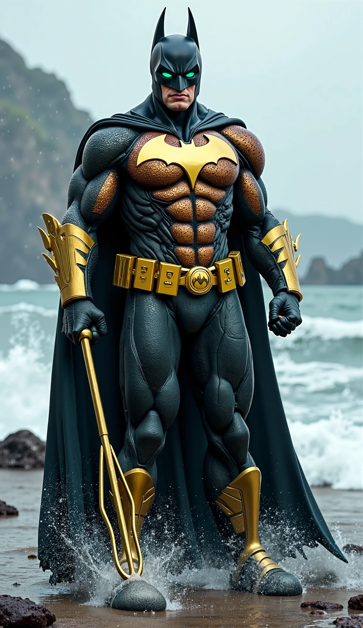 Arad man in yellow and black clothes standing on the sunny seashore, American round head, Buzz Cut, tall and burly, muscular male hero, heroic male pose, muscular! Wearing black sunglasses, spandex tight high elastic bodysuit, super buff and cool, high resolution committee, character design police, black army boots, charismatic strong male with spandex tight high elastic bodysuit